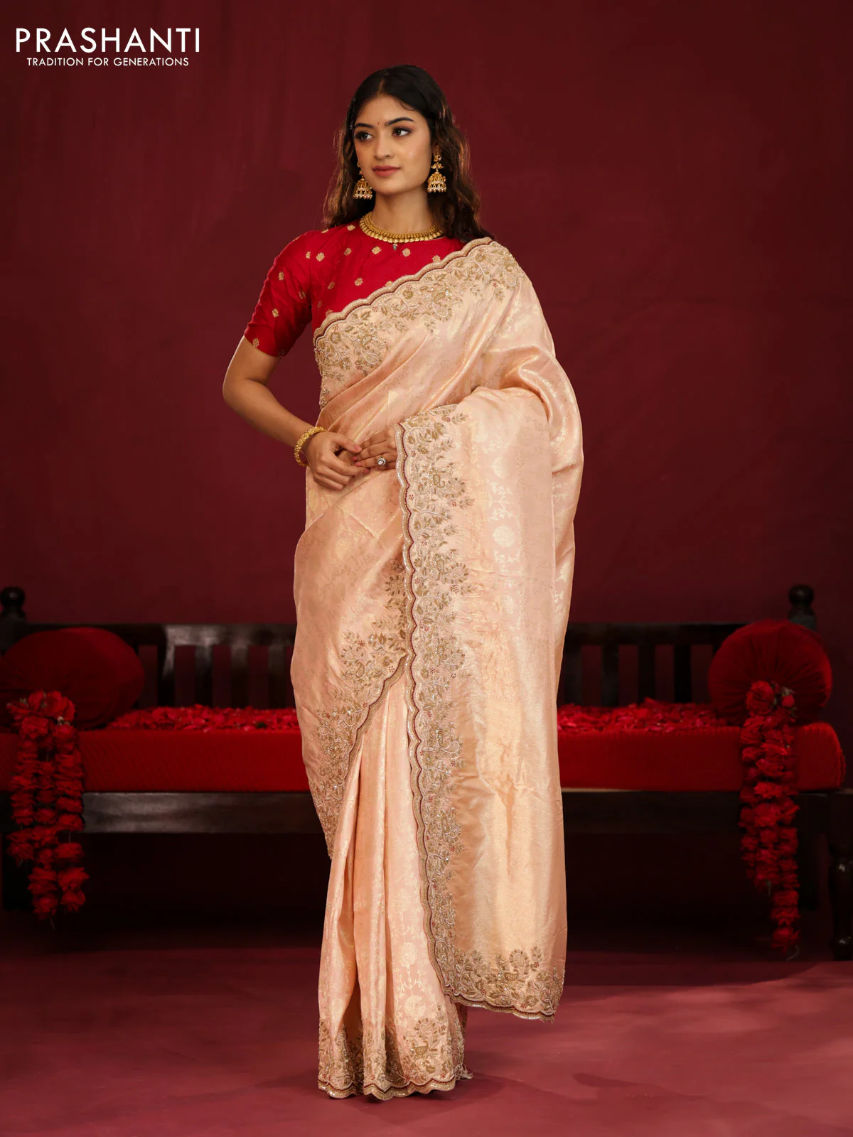 Pastel pink pure kanchipuram silk saree with allover weaves & border embroidery - Image 3