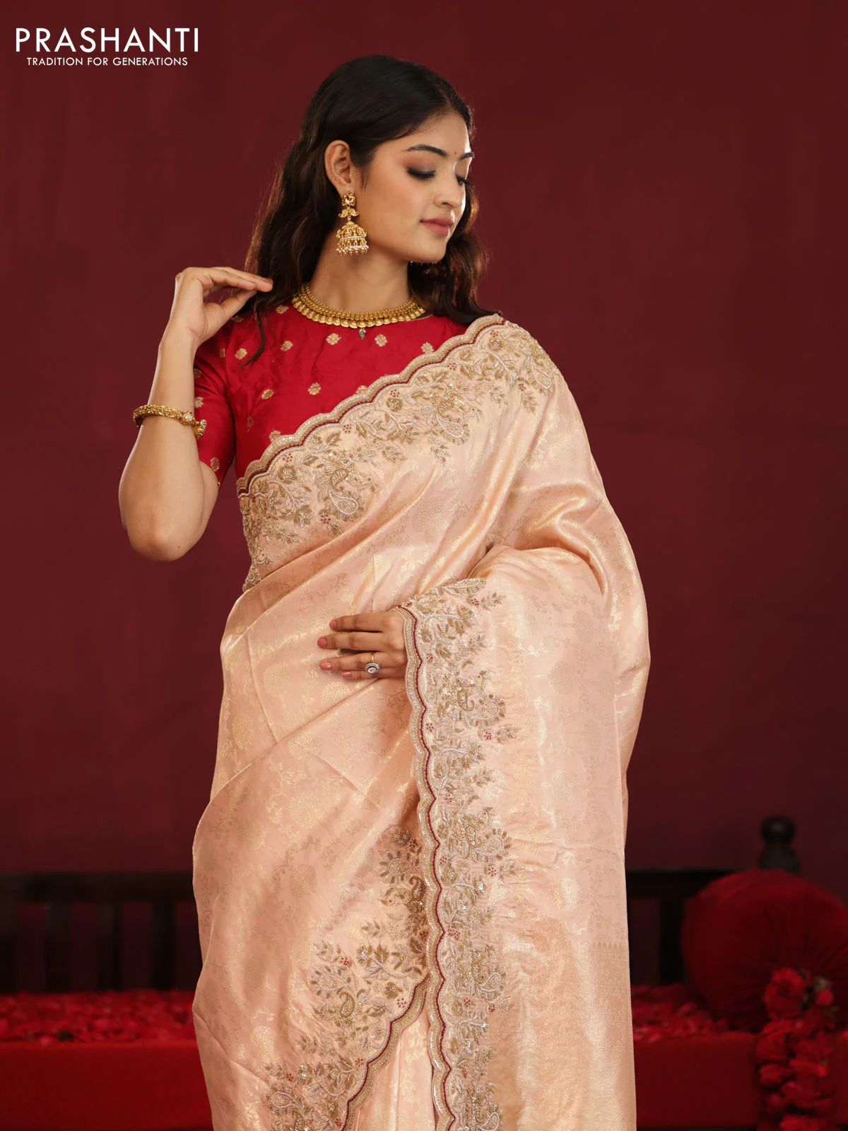 Pastel pink pure kanchipuram silk saree with allover weaves & border embroidery - Image 4