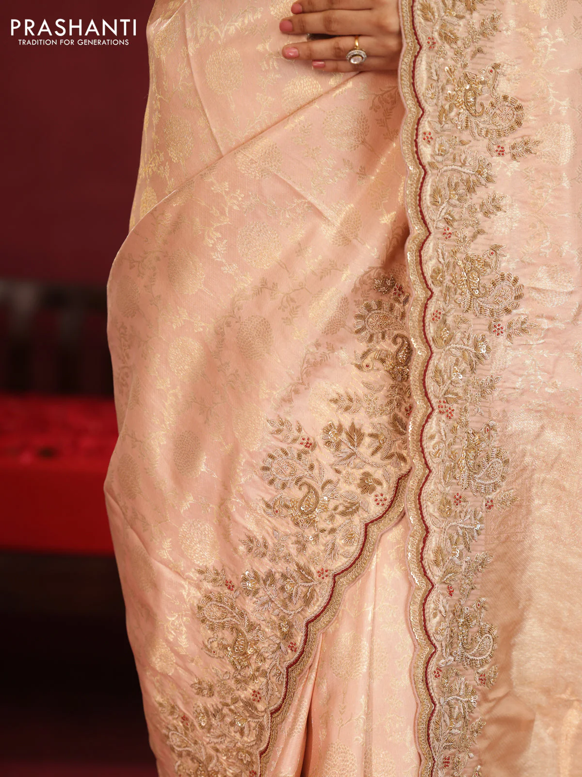 Pastel pink pure kanchipuram silk saree with allover weaves & border embroidery - Image 5