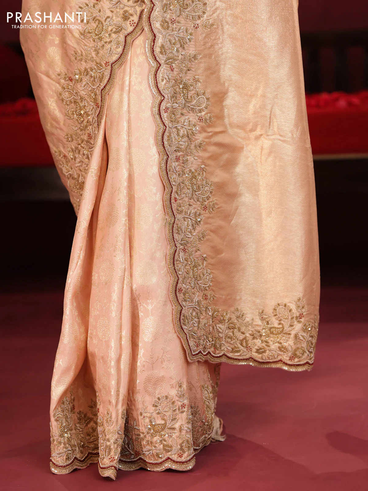 Pastel pink pure kanchipuram silk saree with allover weaves & border embroidery - Image 6