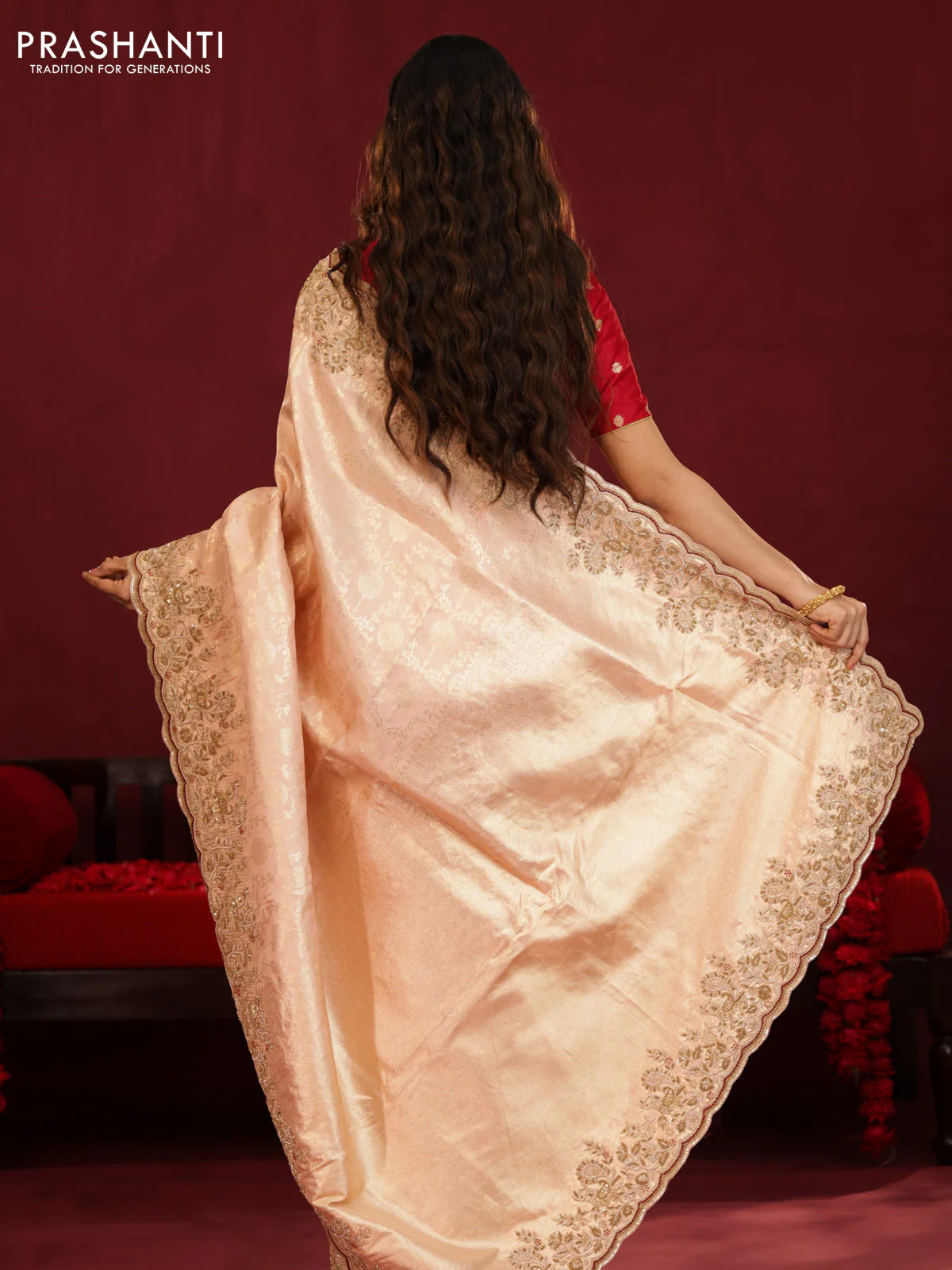Pastel pink pure kanchipuram silk saree with allover weaves & border embroidery - Image 7