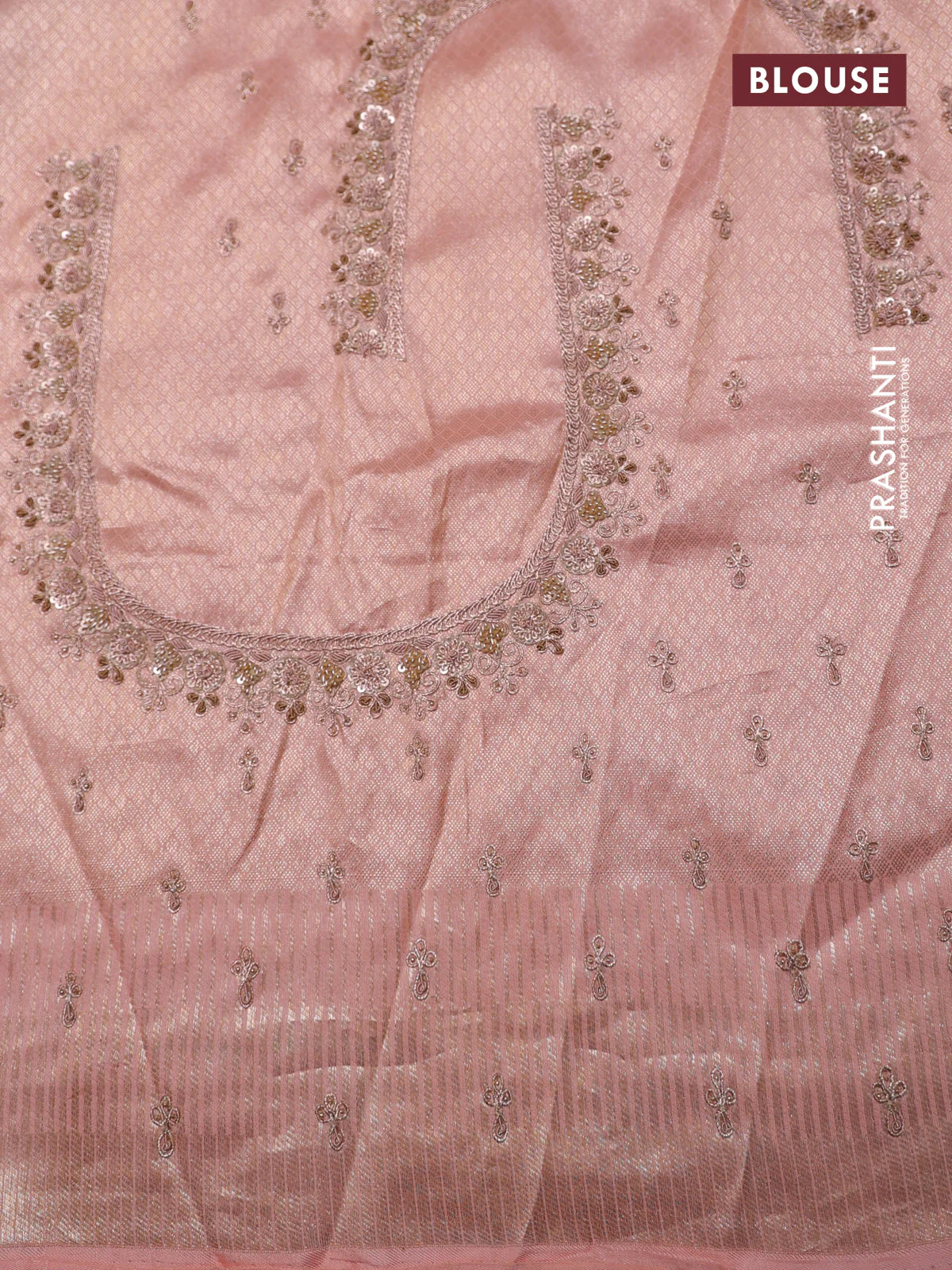Pastel pink pure kanchipuram silk saree with allover weaves & border embroidery - Image 9