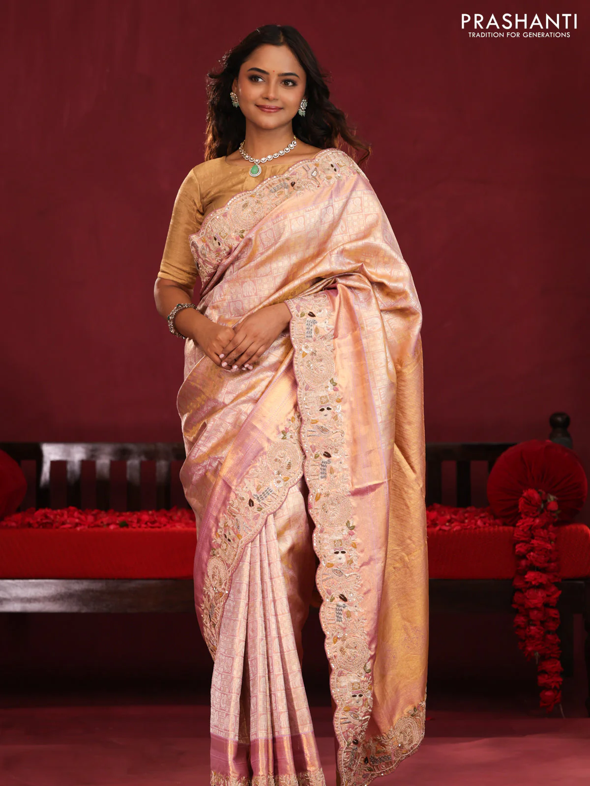 Pastel pink pure kanchipuram silk saree with brocade zari weaves & embroidery - Image 3