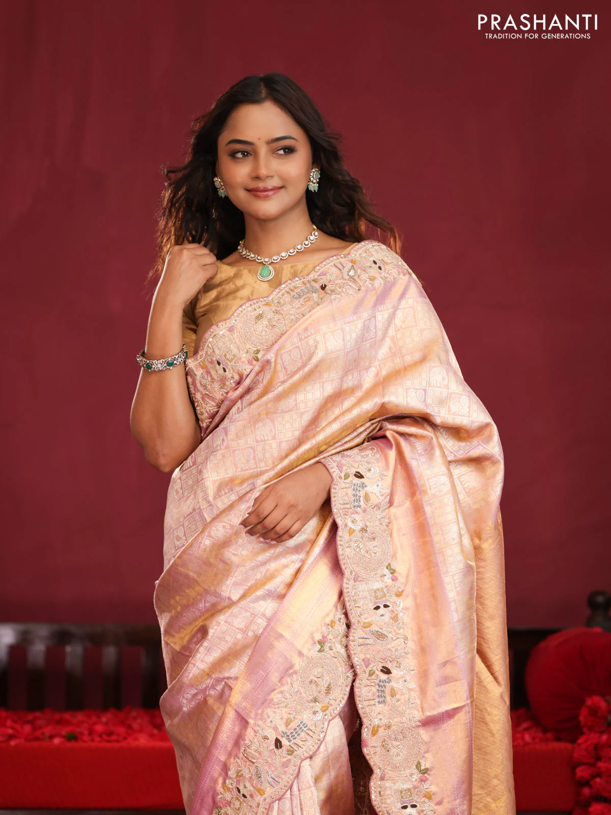 Pastel pink pure kanchipuram silk saree with brocade zari weaves & embroidery - Image 4