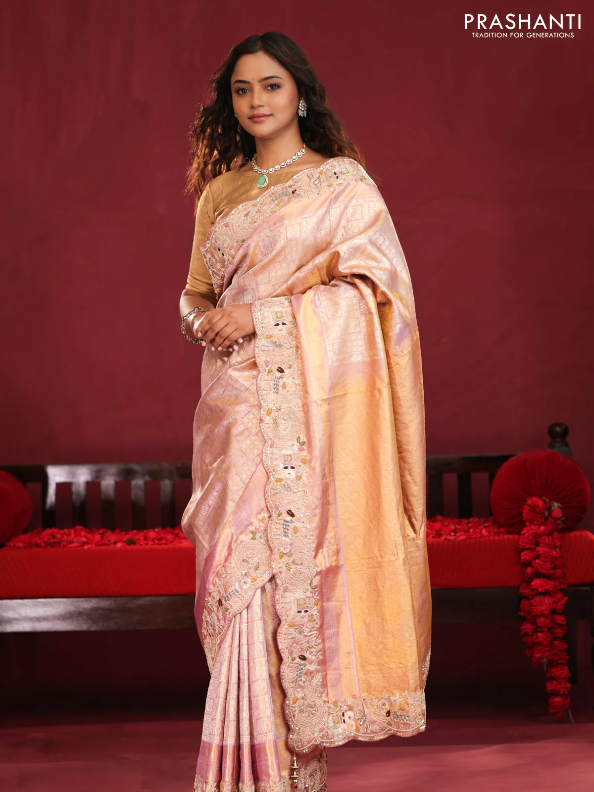 Pastel pink pure kanchipuram silk saree with brocade zari weaves & embroidery - Image 6