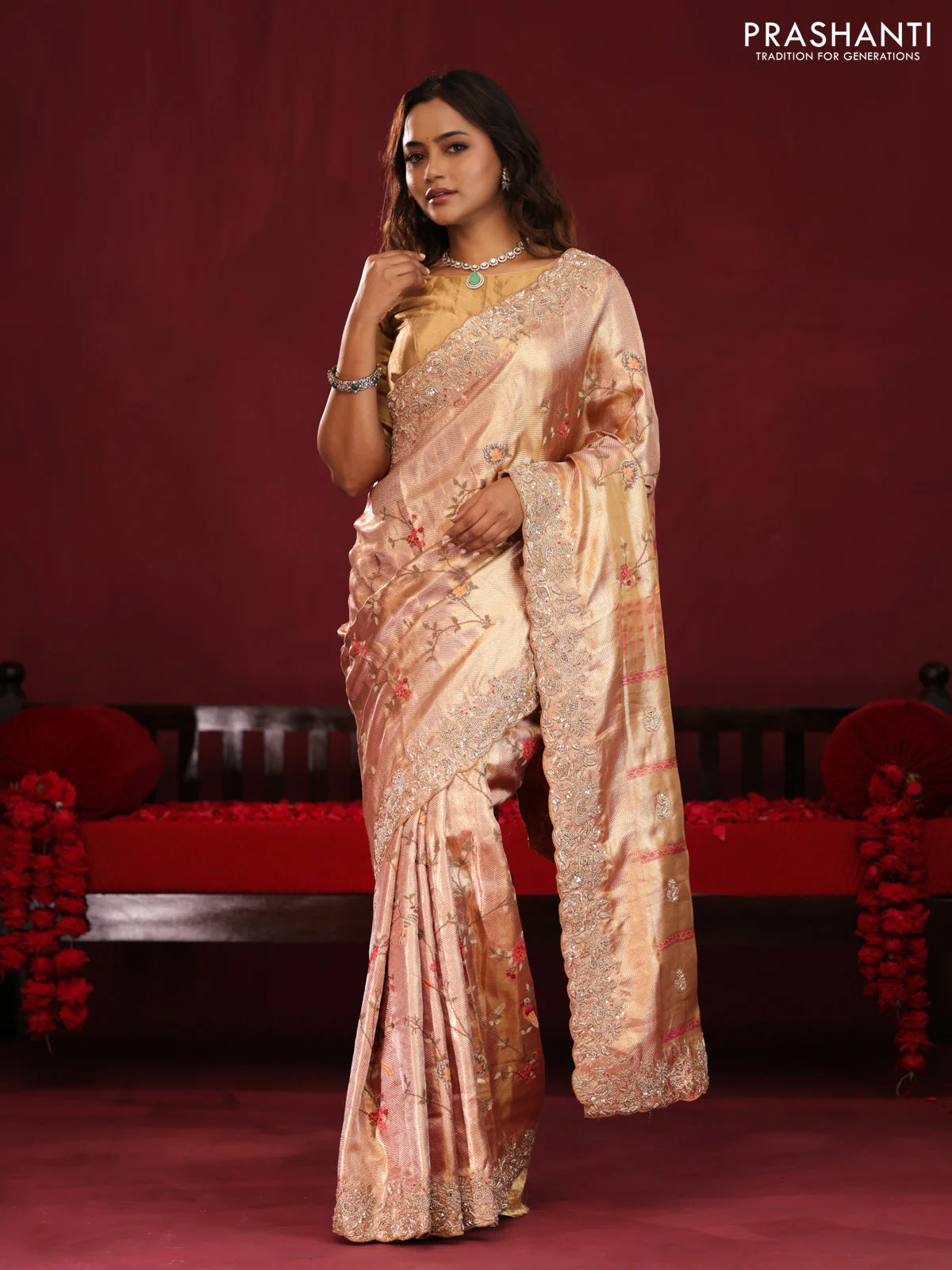 Pastel pink pure kanchipuram tissue silk saree with allover embroidery - Image 2