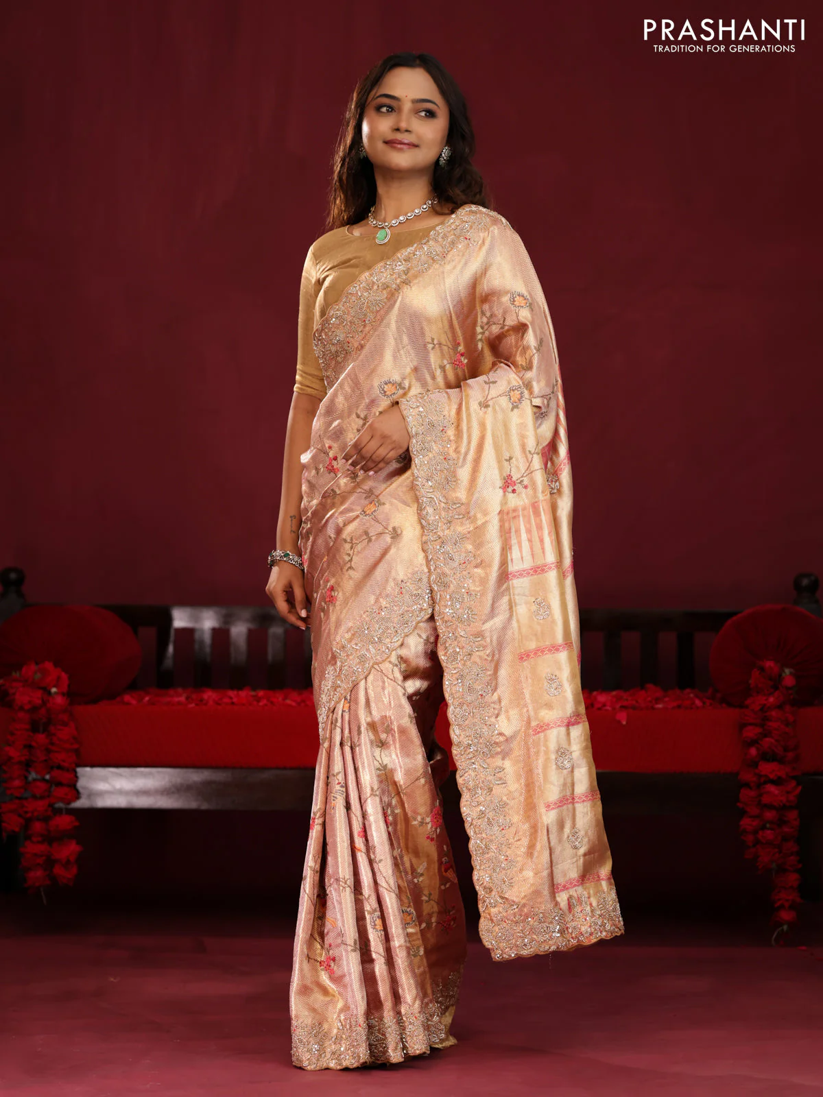 Pastel pink pure kanchipuram tissue silk saree with allover embroidery - Image 3
