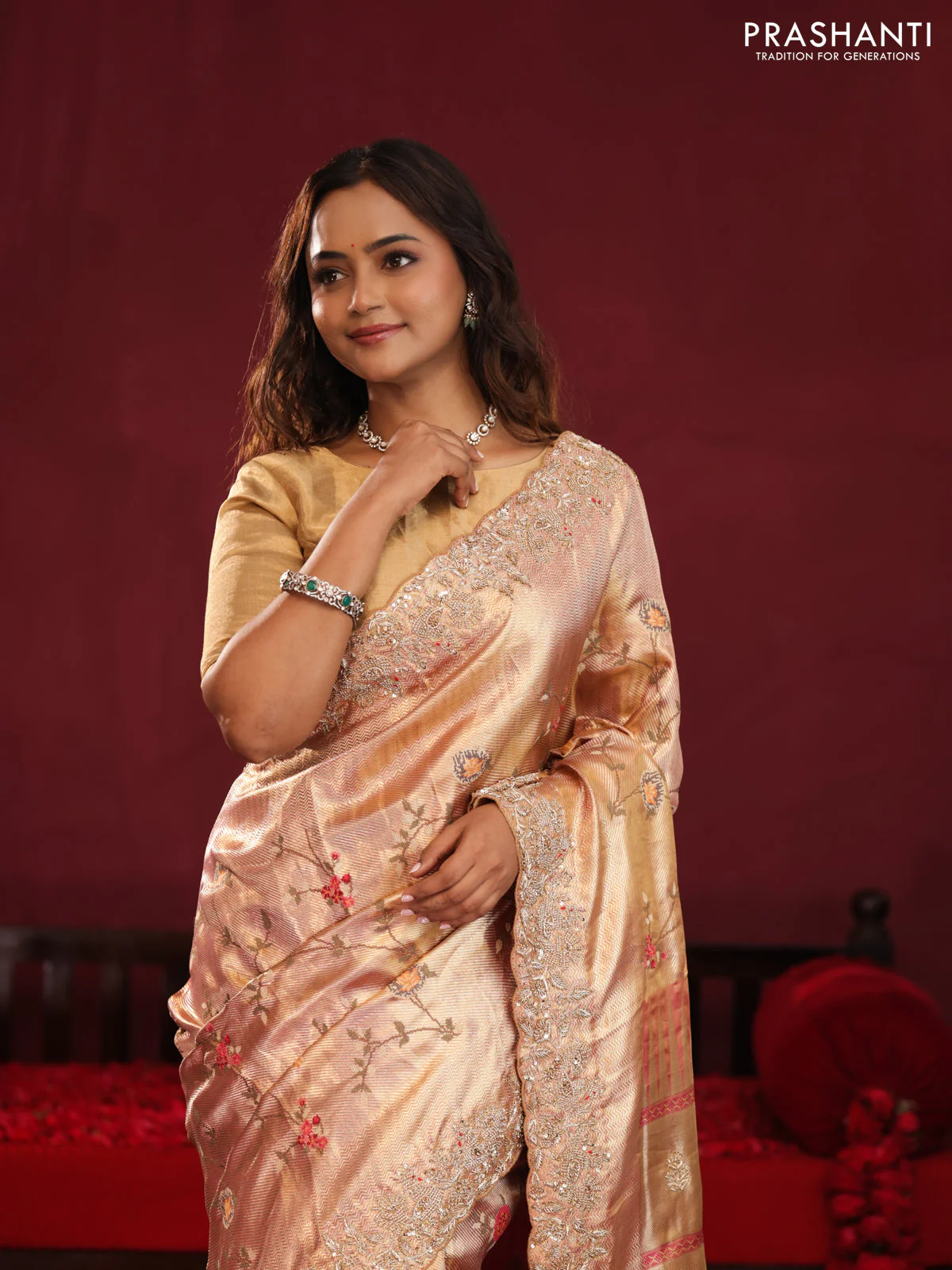 Pastel pink pure kanchipuram tissue silk saree with allover embroidery - Image 4