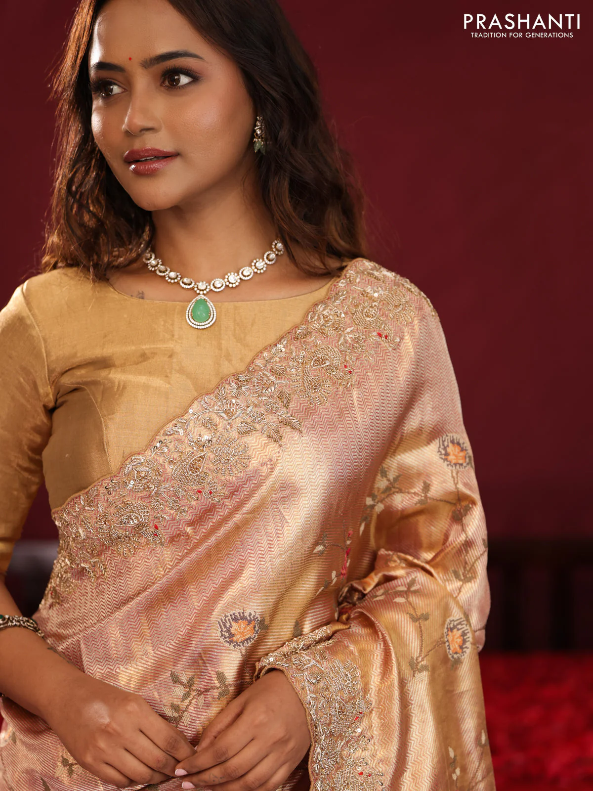 Pastel pink pure kanchipuram tissue silk saree with allover embroidery - Image 5
