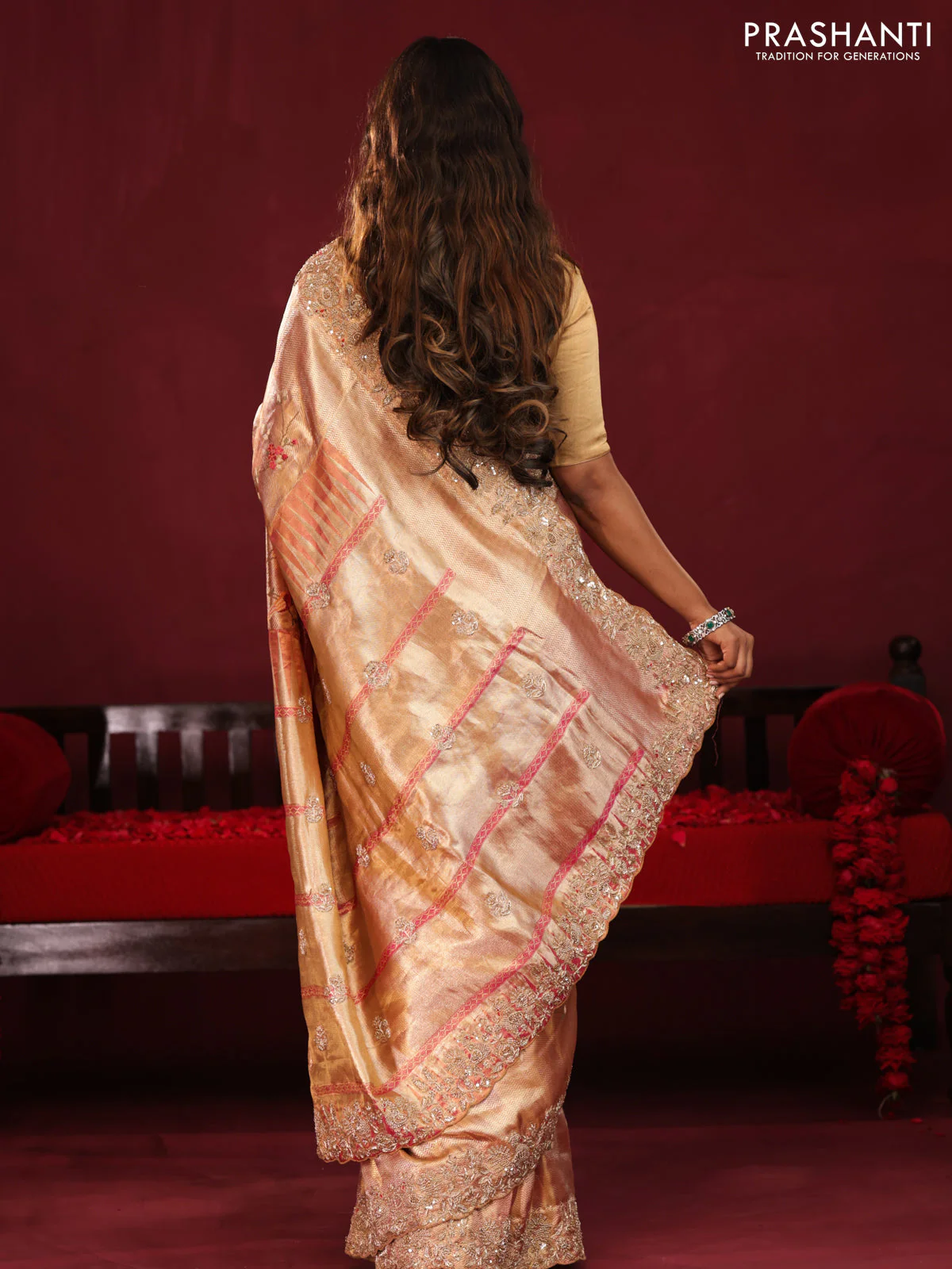 Pastel pink pure kanchipuram tissue silk saree with allover embroidery - Image 6
