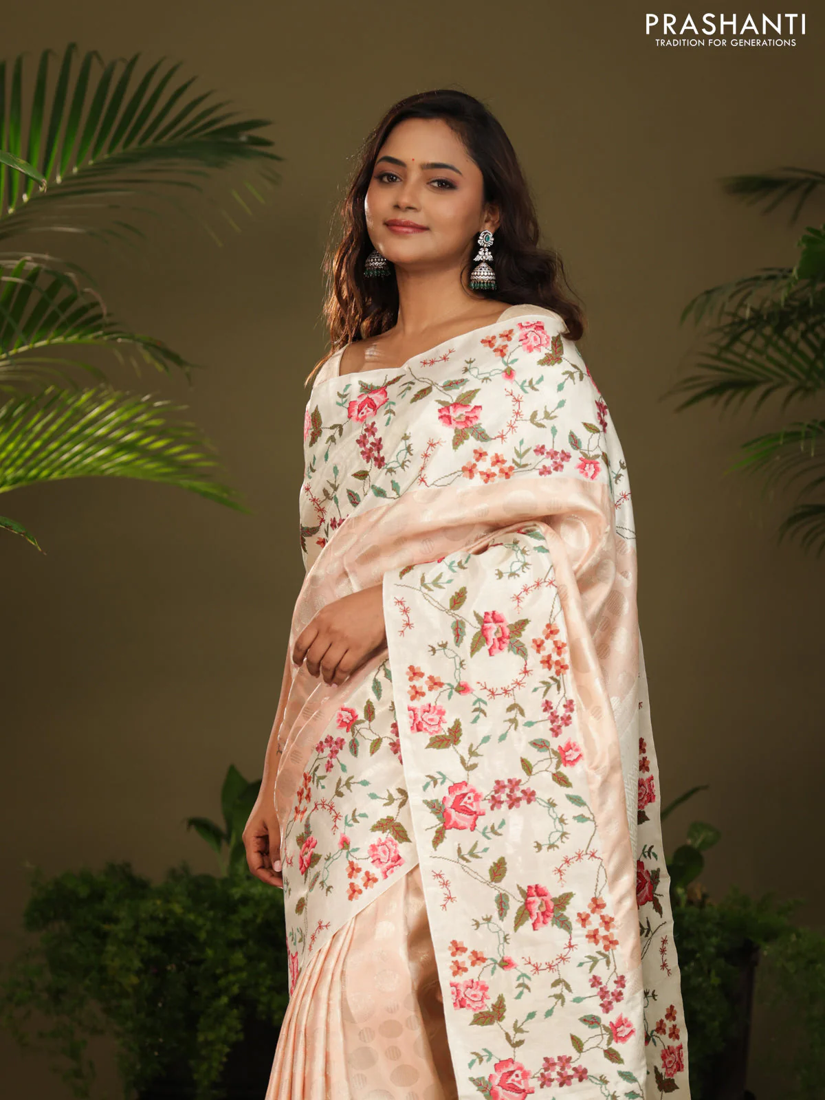 Peach Kanchipuram Silk saree with Floral Embroidery border - Image 3