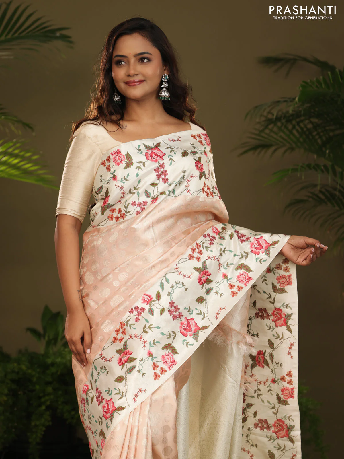 Peach Kanchipuram Silk saree with Floral Embroidery border - Image 4