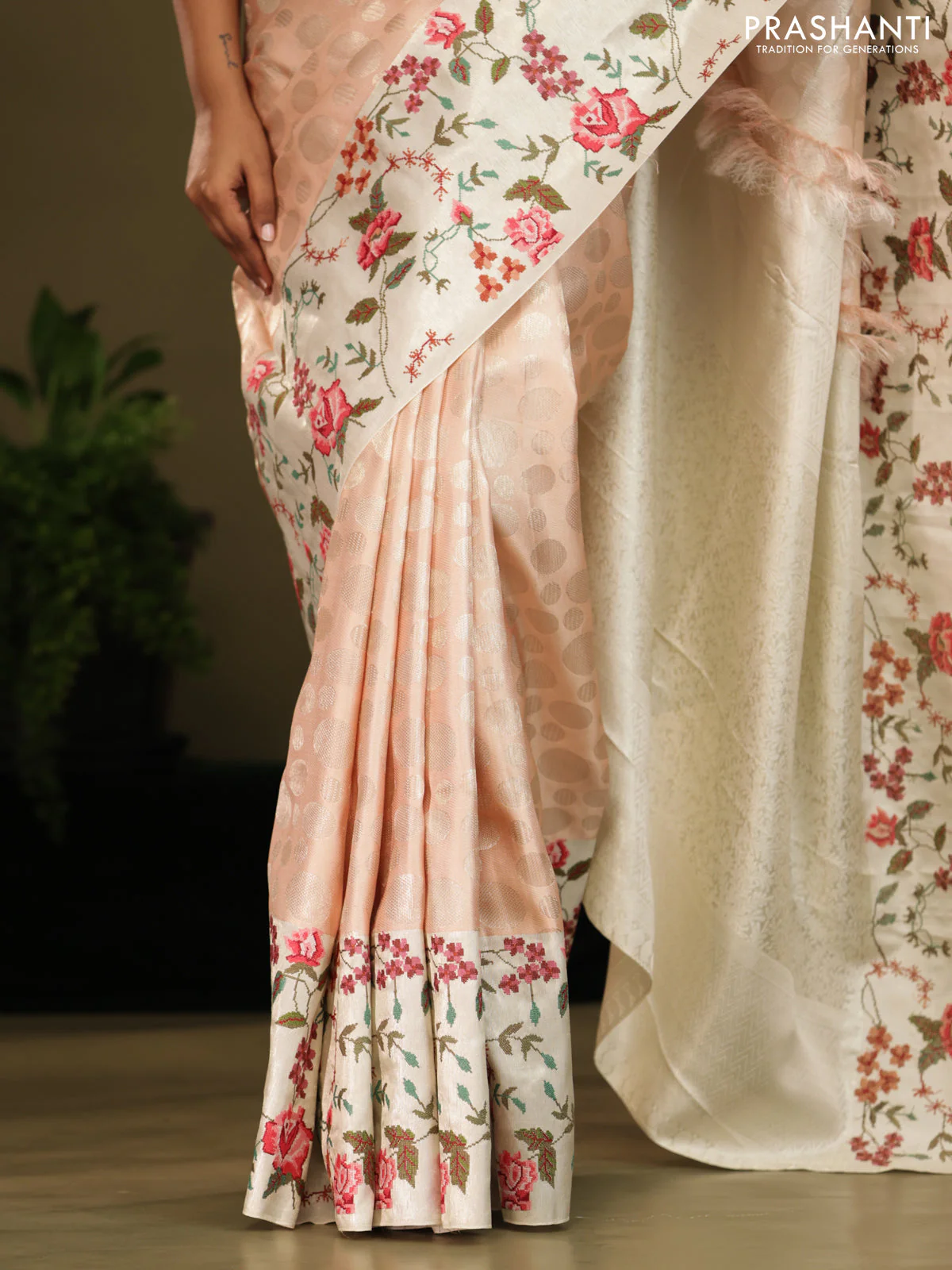 Peach Kanchipuram Silk saree with Floral Embroidery border - Image 5