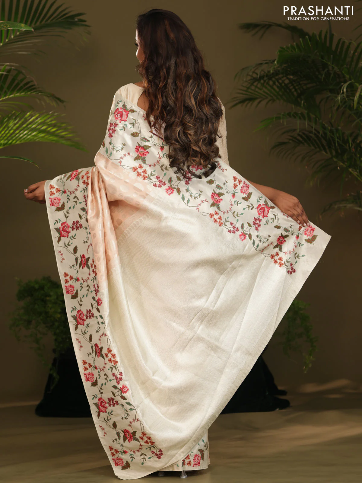 Peach Kanchipuram Silk saree with Floral Embroidery border - Image 6