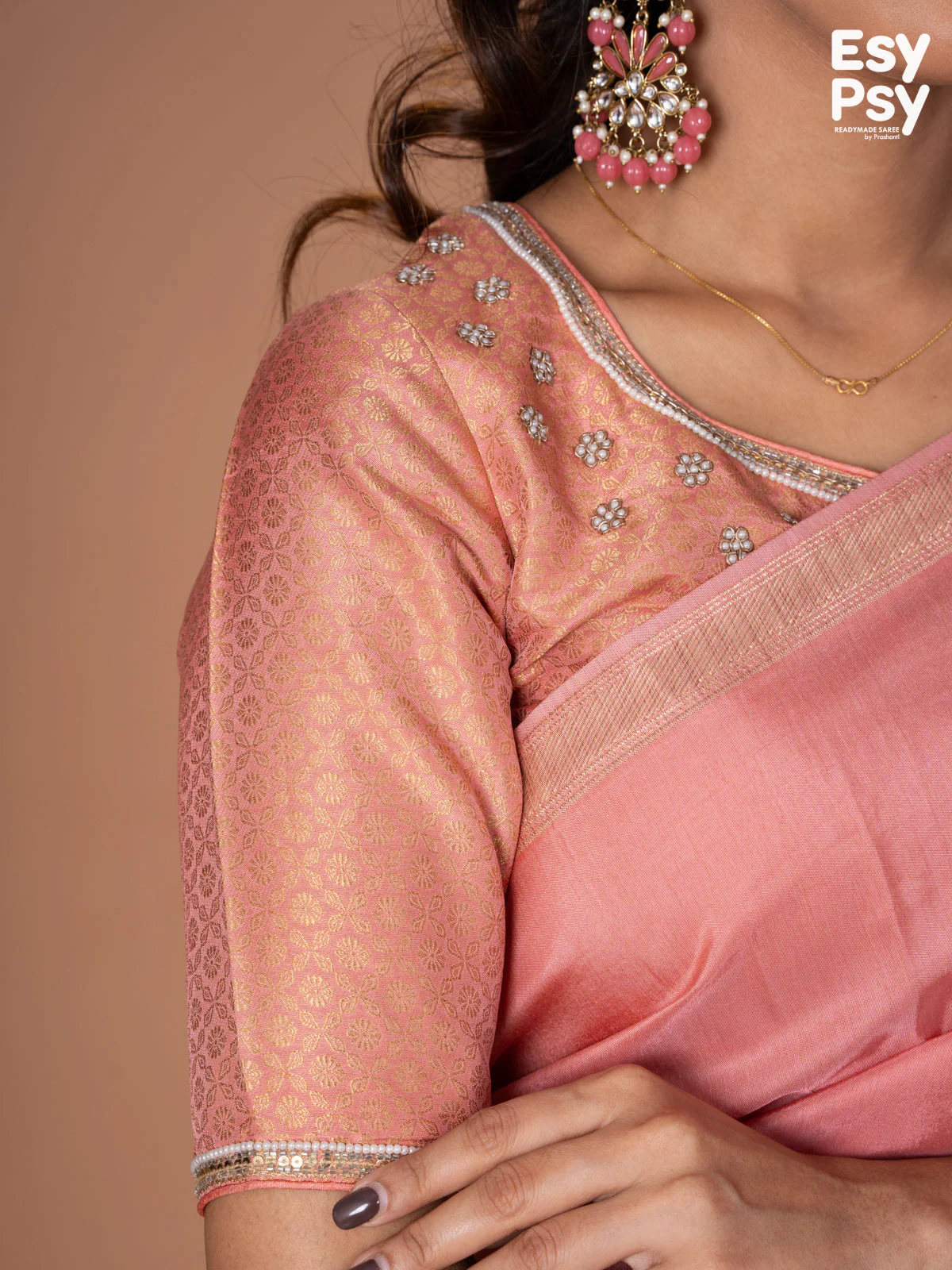 Peach Pink Semi Tussar readymade saree with readymade brocade blouse - Image 2