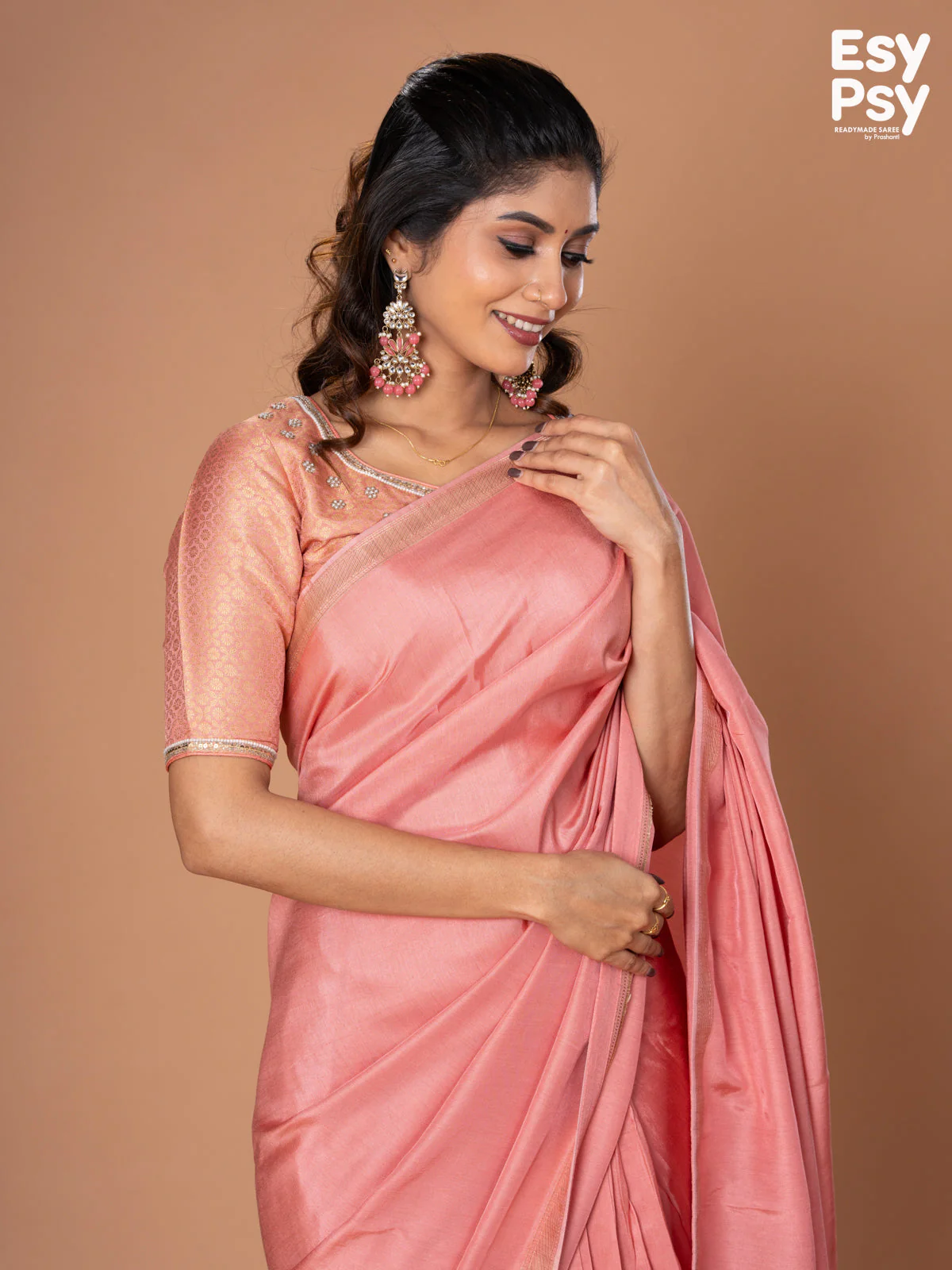 Peach Pink Semi Tussar readymade saree with readymade brocade blouse - Image 3