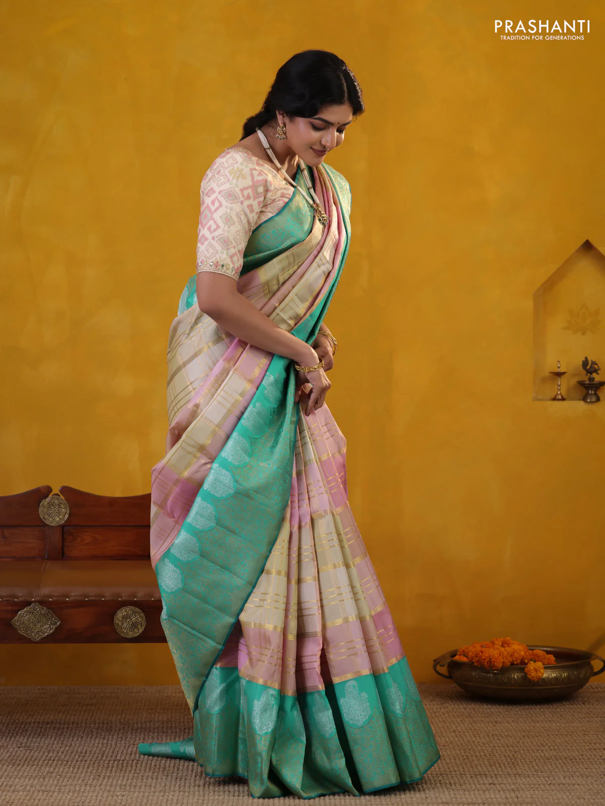 Peach Pink-Teal Green Pure Kanchipuram Silk Saree With Allover Zari weaves - Image 2