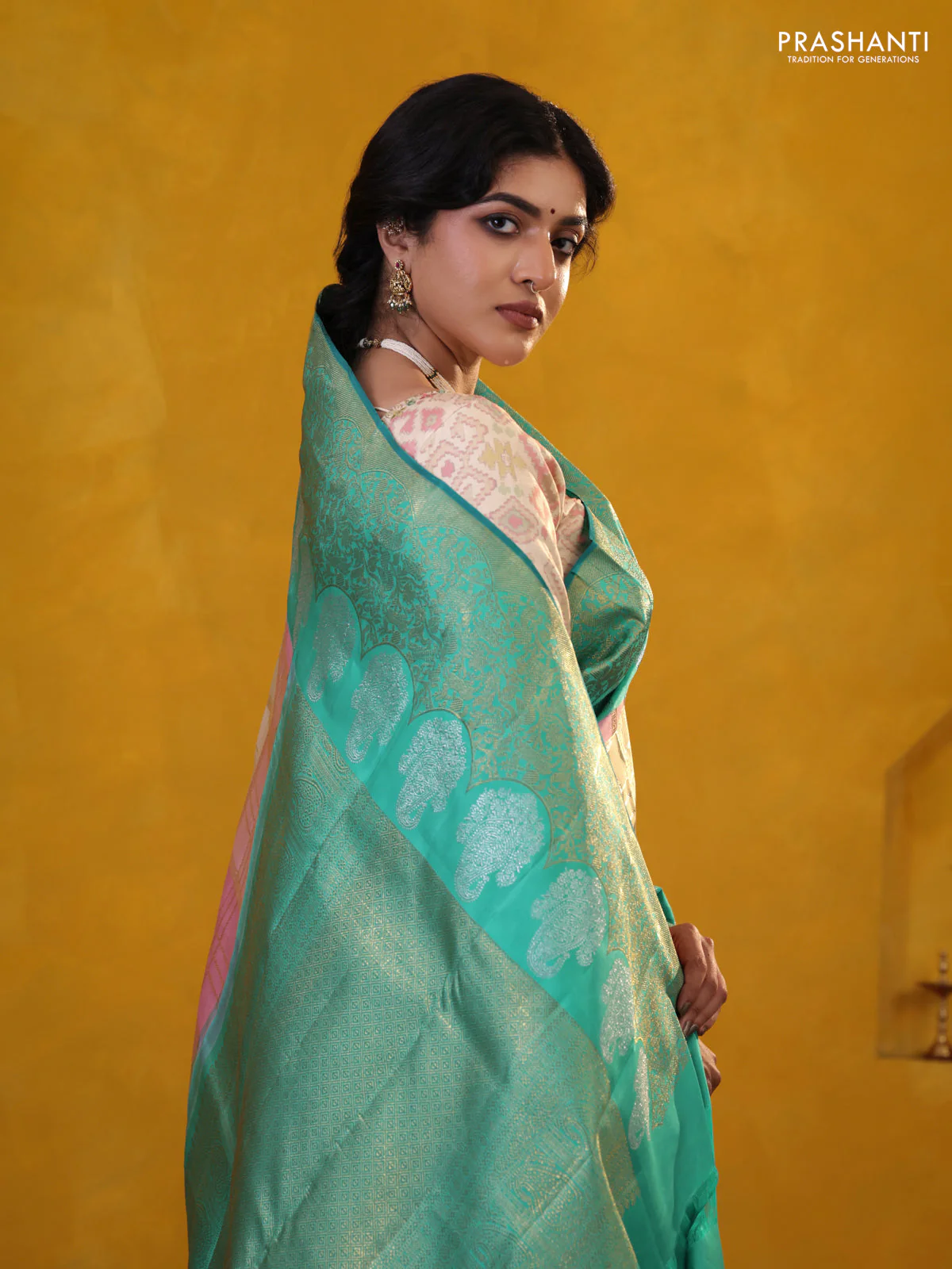 Peach Pink-Teal Green Pure Kanchipuram Silk Saree With Allover Zari weaves - Image 3