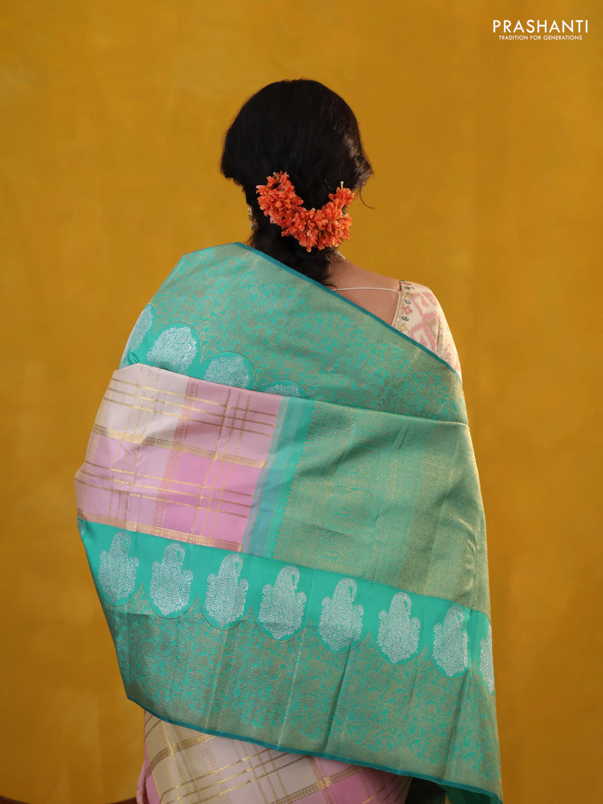 Peach Pink-Teal Green Pure Kanchipuram Silk Saree With Allover Zari weaves - Image 4