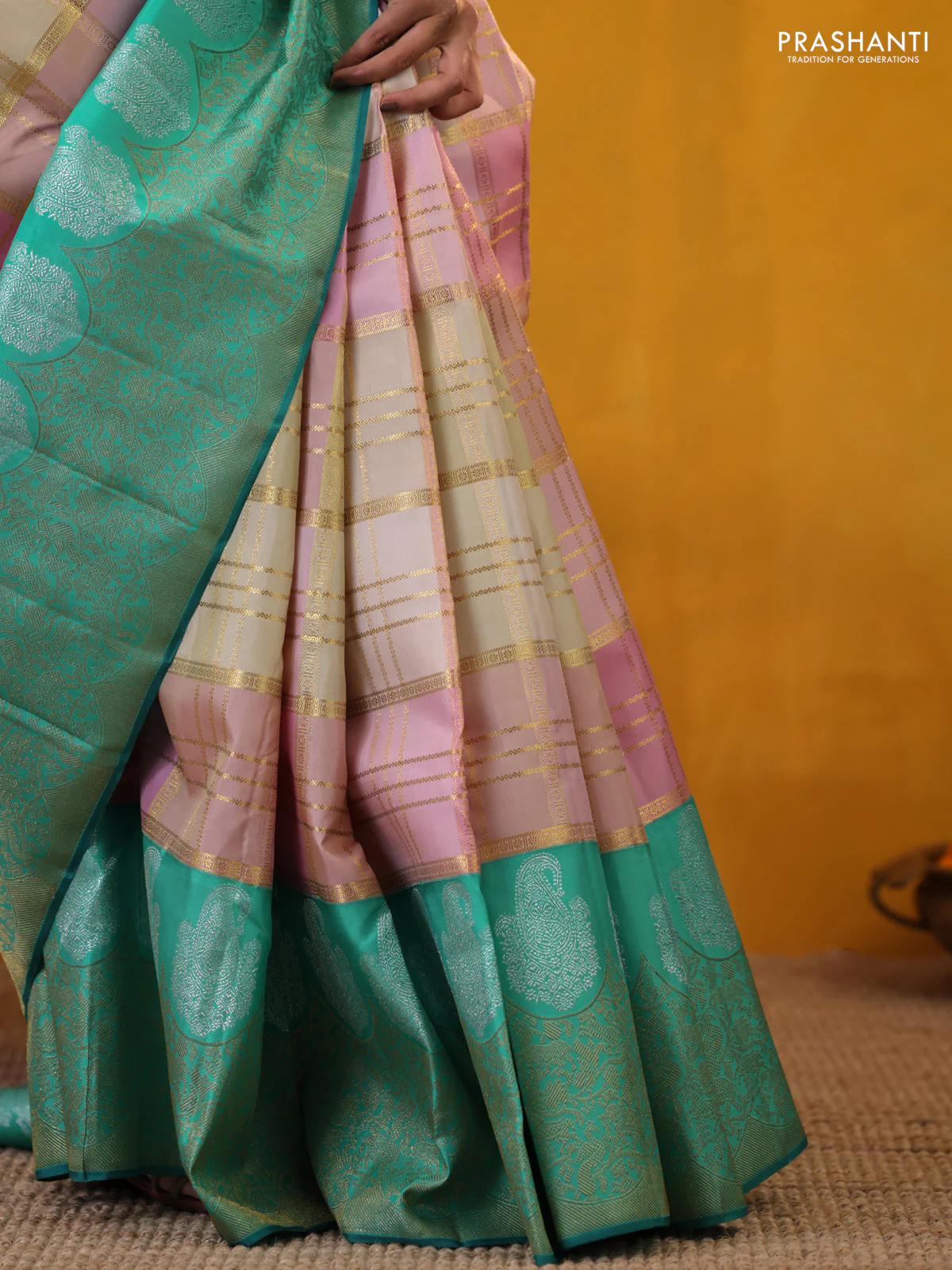 Peach Pink-Teal Green Pure Kanchipuram Silk Saree With Allover Zari weaves - Image 5