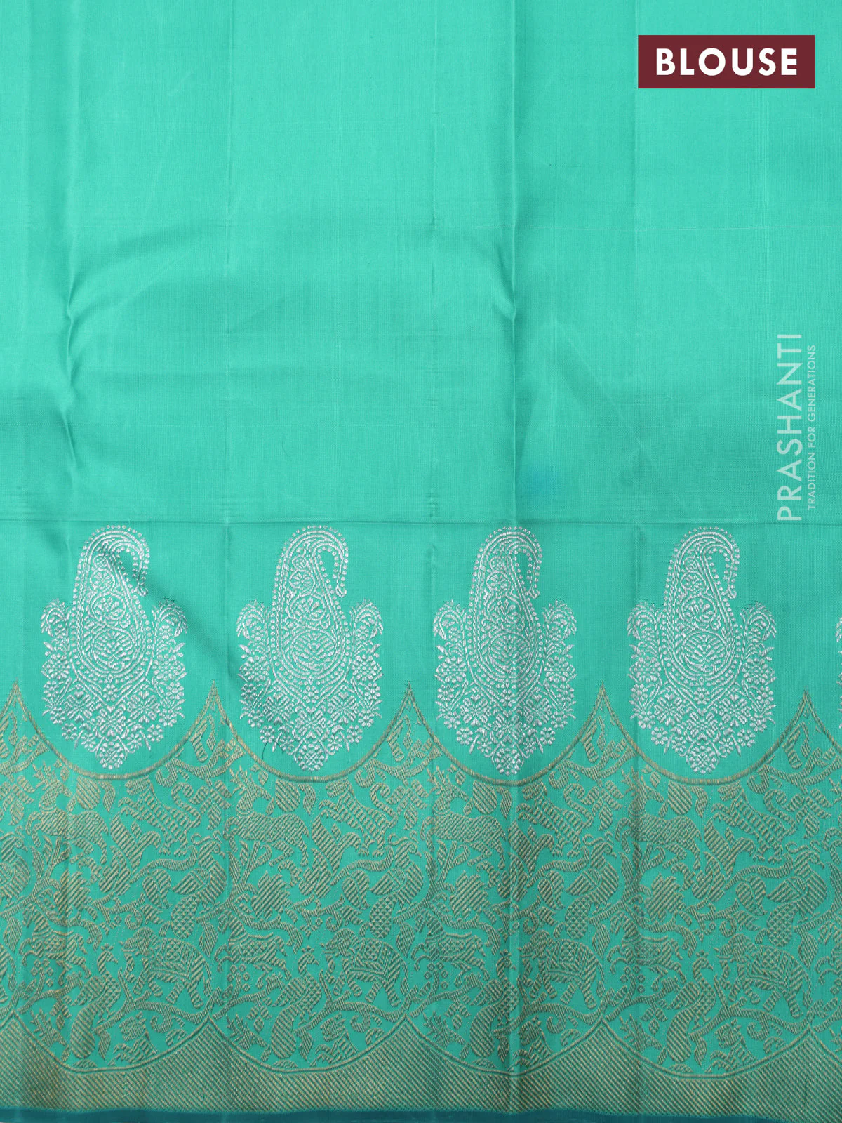 Peach Pink-Teal Green Pure Kanchipuram Silk Saree With Allover Zari weaves - Image 6