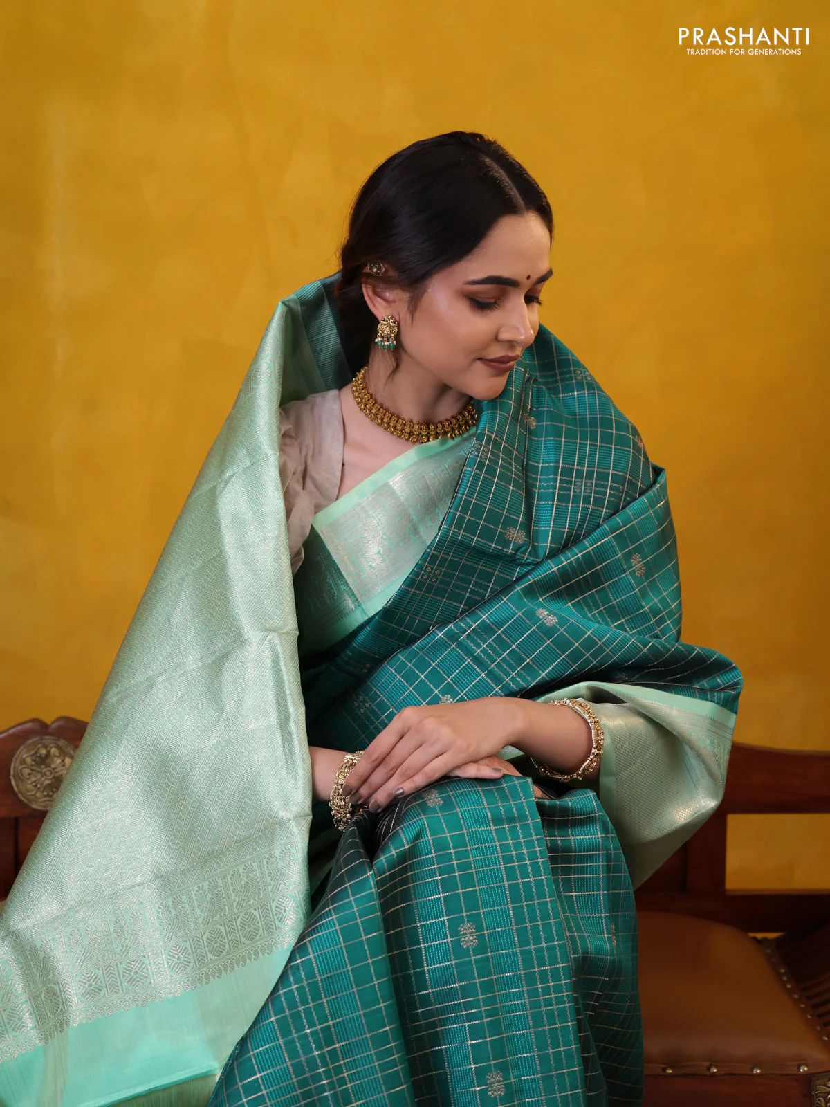 Peacock green-teal shade pure kanchipuram silk saree with allover zari checked pattern - Image 2