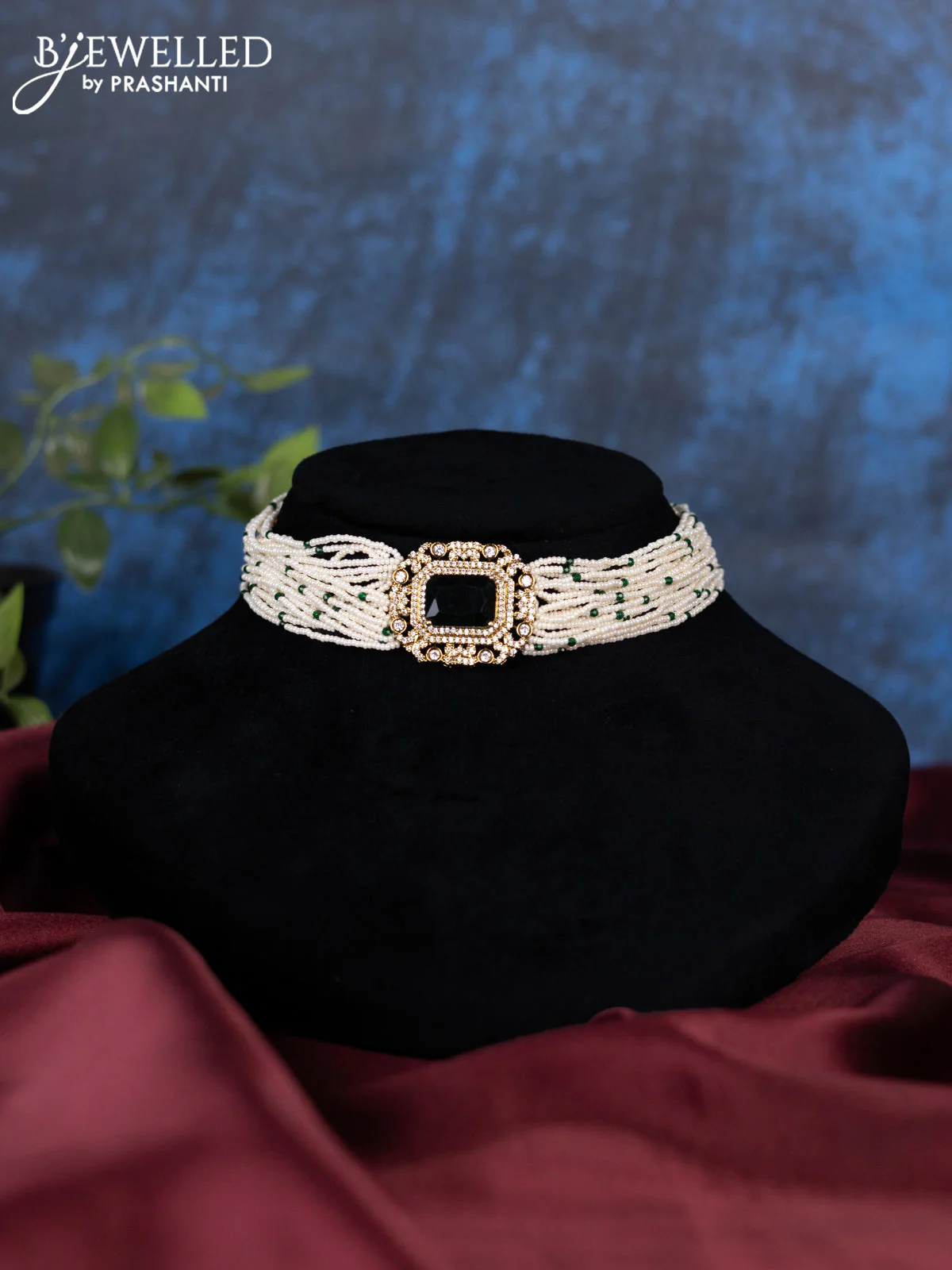 Pearl choker with emerald and cz stones - Image 2