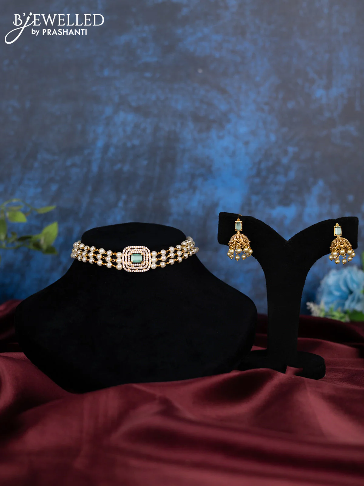 Pearl choker with mint green and cz stones