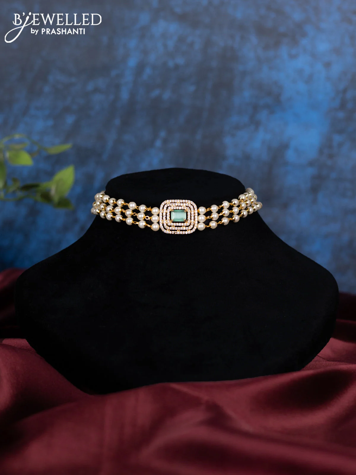Pearl choker with mint green and cz stones - Image 2