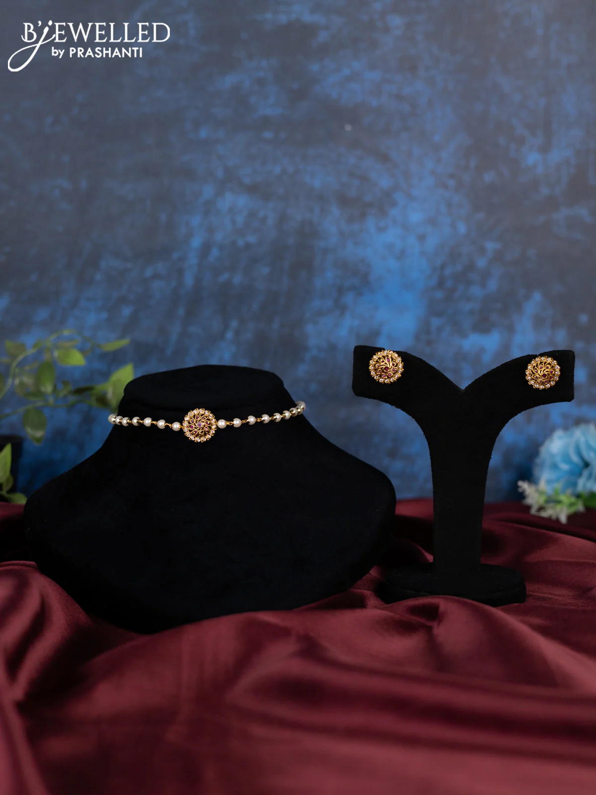 Pearl choker with ruby and cz stones