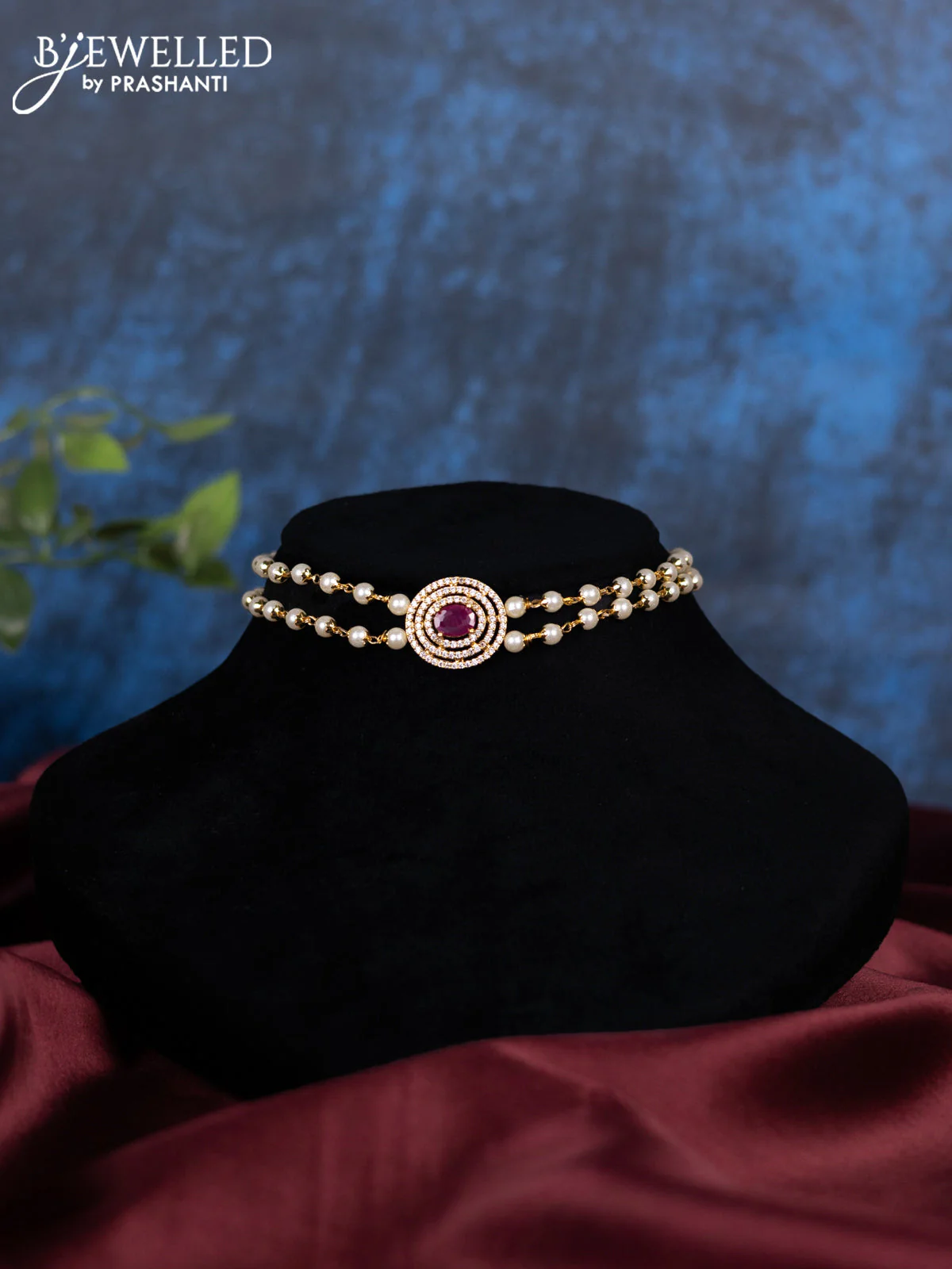 Pearl choker with ruby and cz stones - Image 2