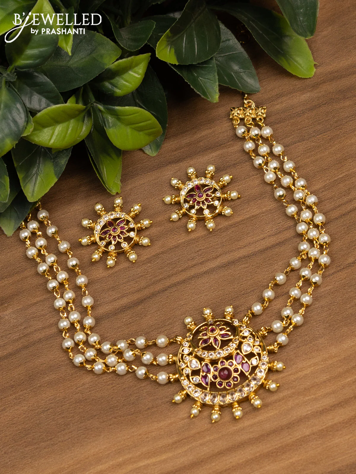 Pearl choker with ruby & cz stones and pearls
