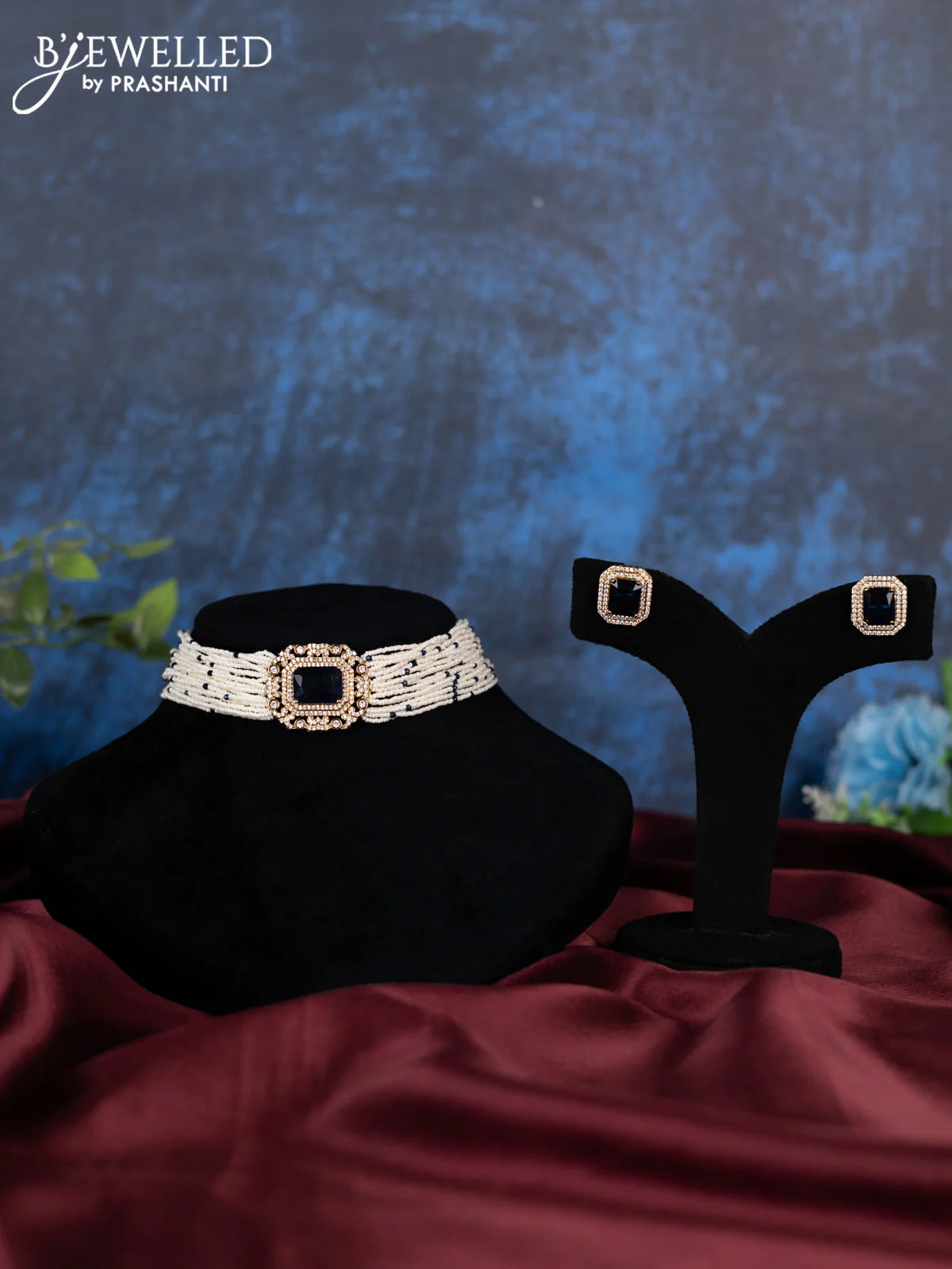 Pearl choker with sapphire and cz stones