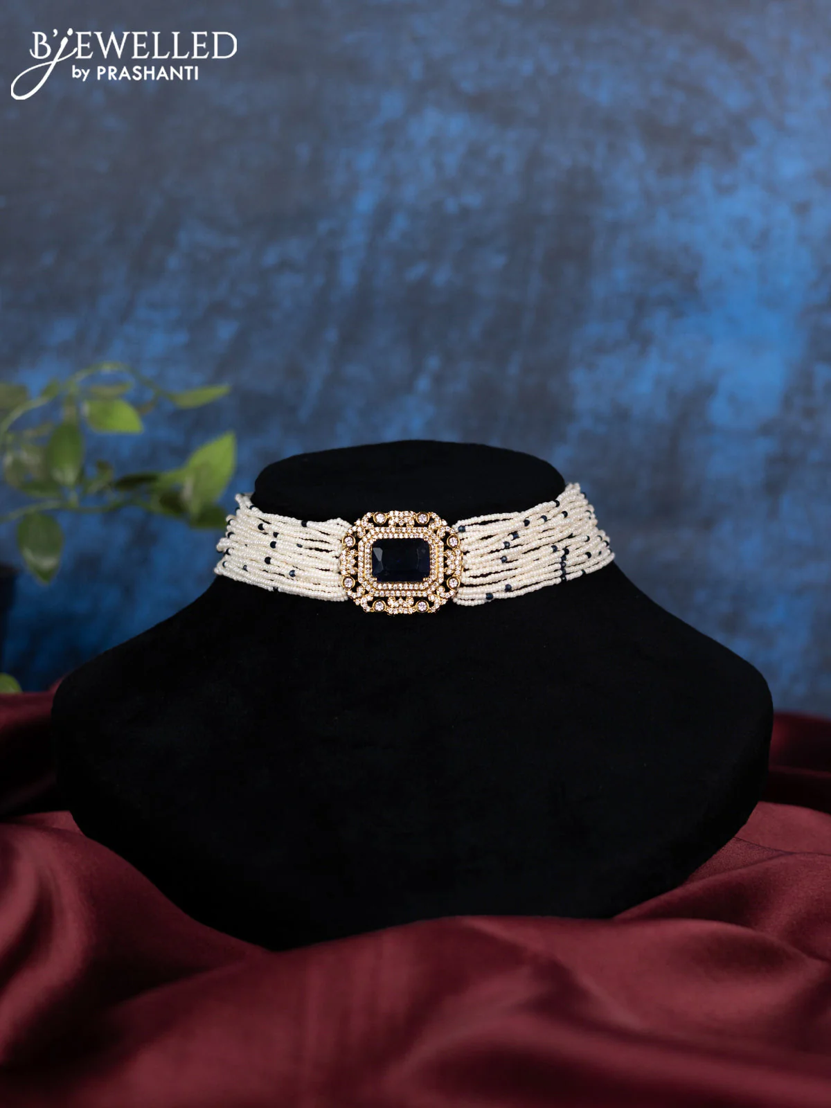 Pearl choker with sapphire and cz stones - Image 2