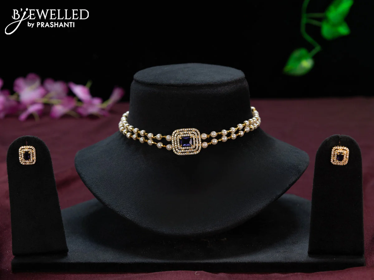 Pearl choker with violet and cz stones