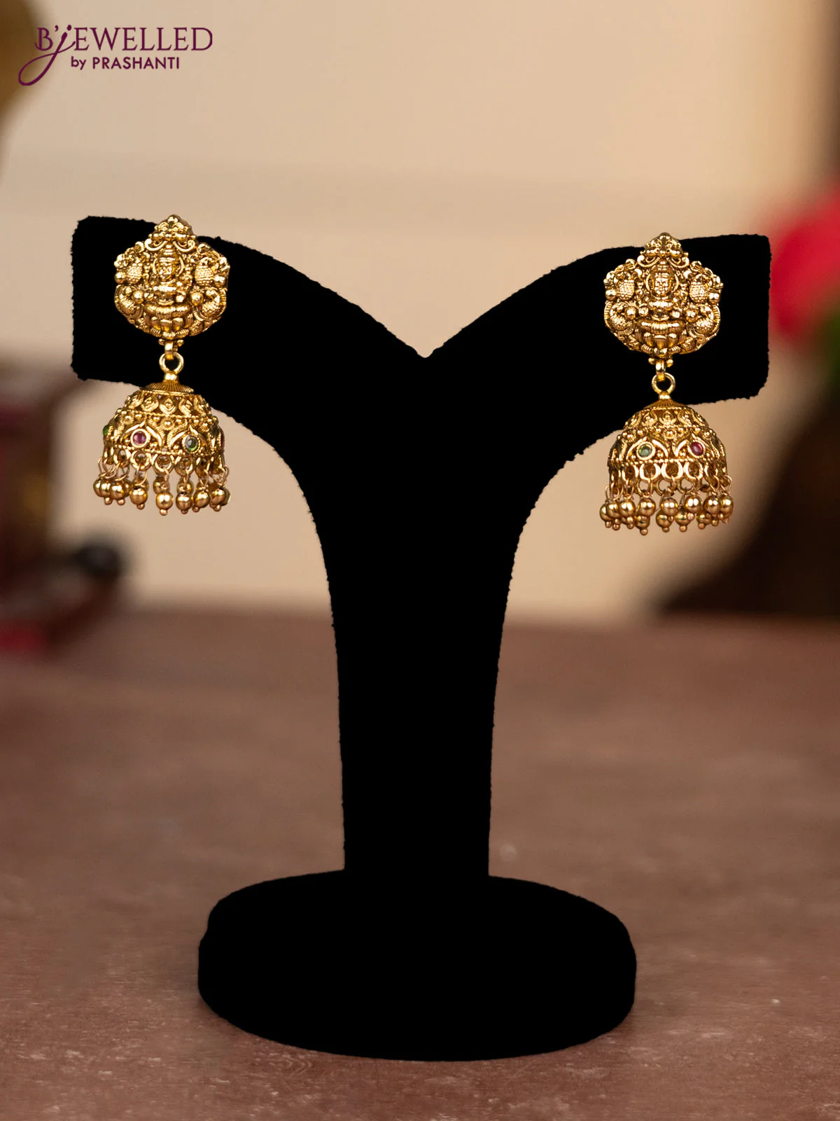 Pearl double layer haram lakshmi pendant with kemp stones and golden beads hangings - Image 2