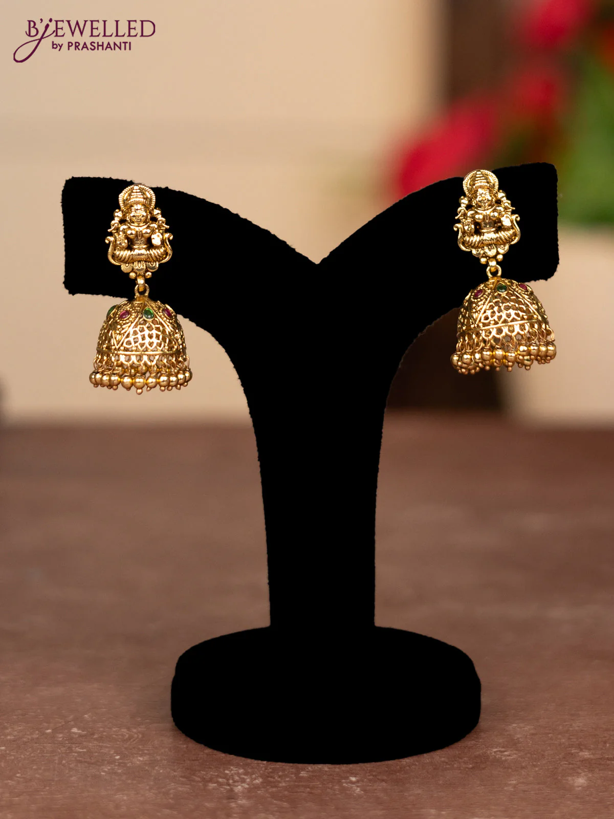 Pearl double layer haram lakshmi pendant with kemp stones and golden beads hangings - Image 2