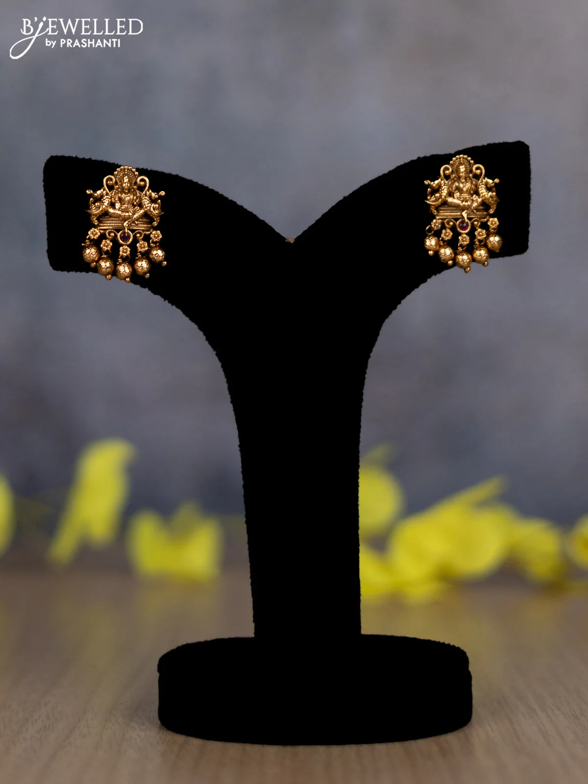 Pearl double layer haram lakshmi pendant with ruby stones and golden beads hanging - Image 2