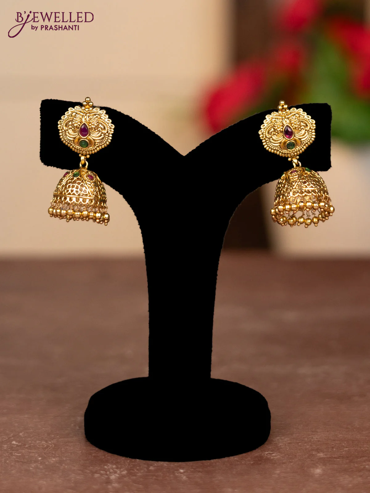 Pearl double layer haram peacock design with kemp stones and golden beads hangings - Image 2