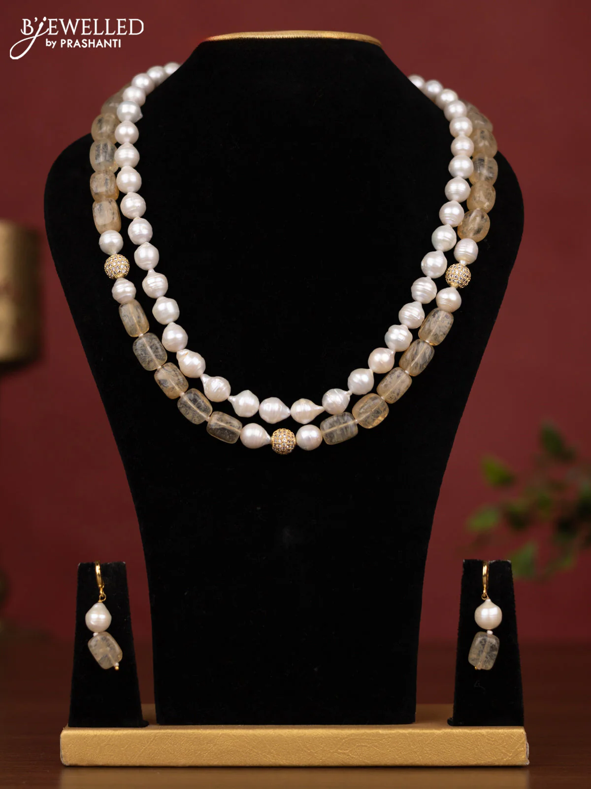 Pearl golden beads maala double layer with earring