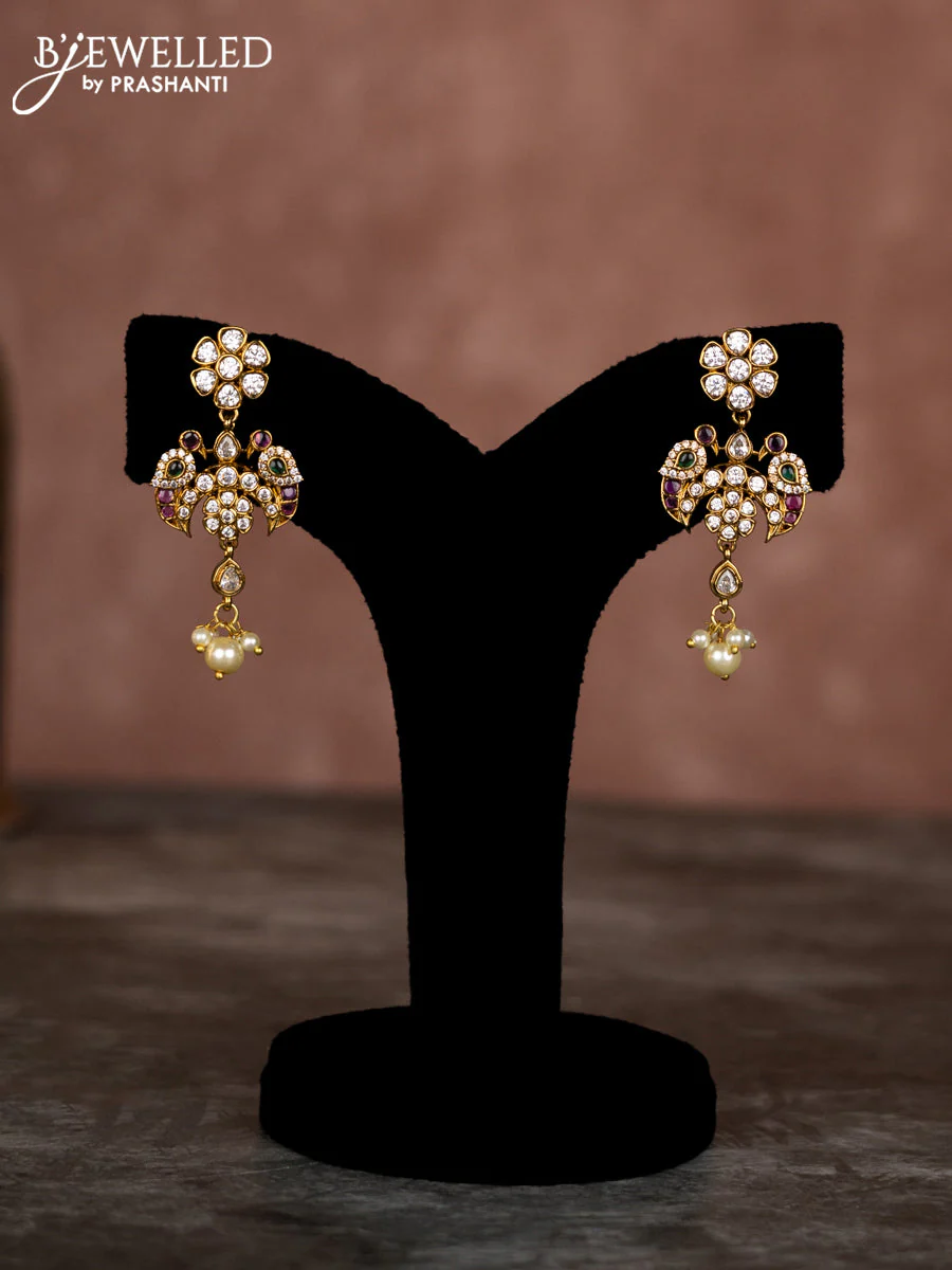 Pearl multilayer necklace chandbali pendant with kemp & cz stones and pearl hangings - Image 2
