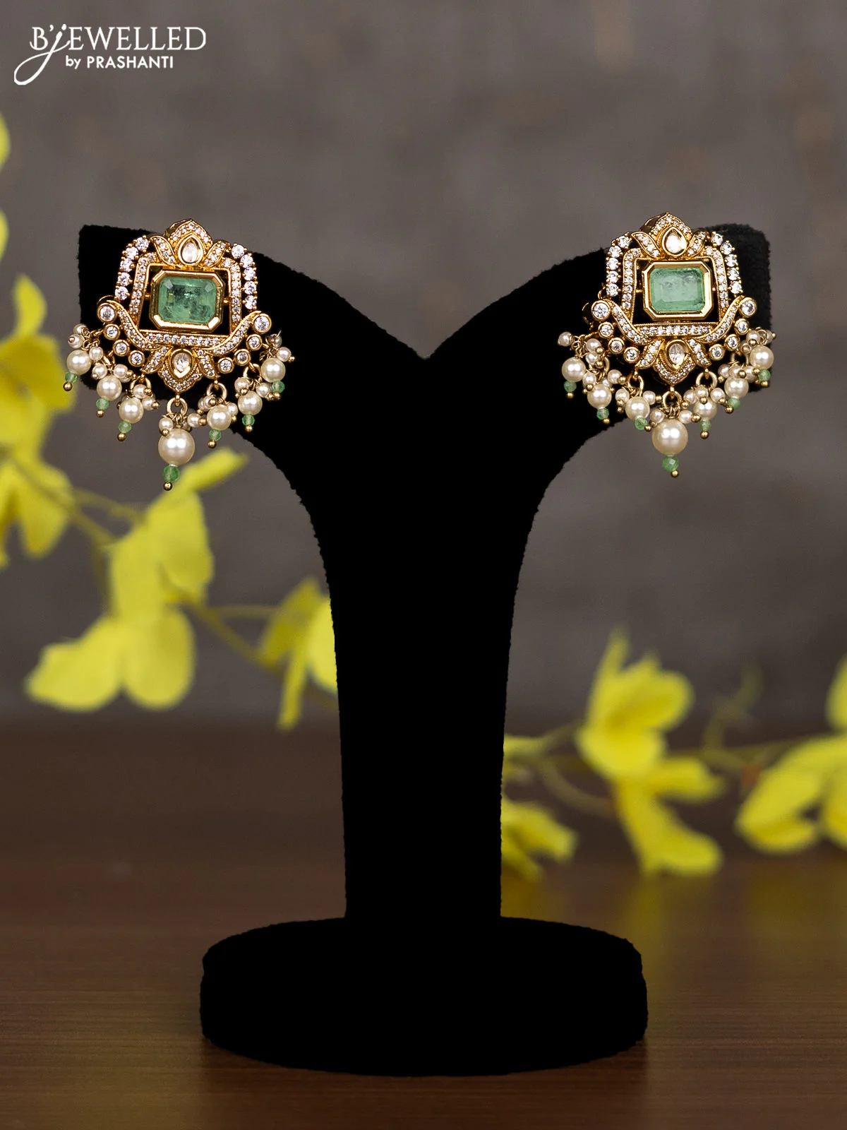 Pearl necklace parrot design with mint green & cz stones and pearl hangings - Image 2