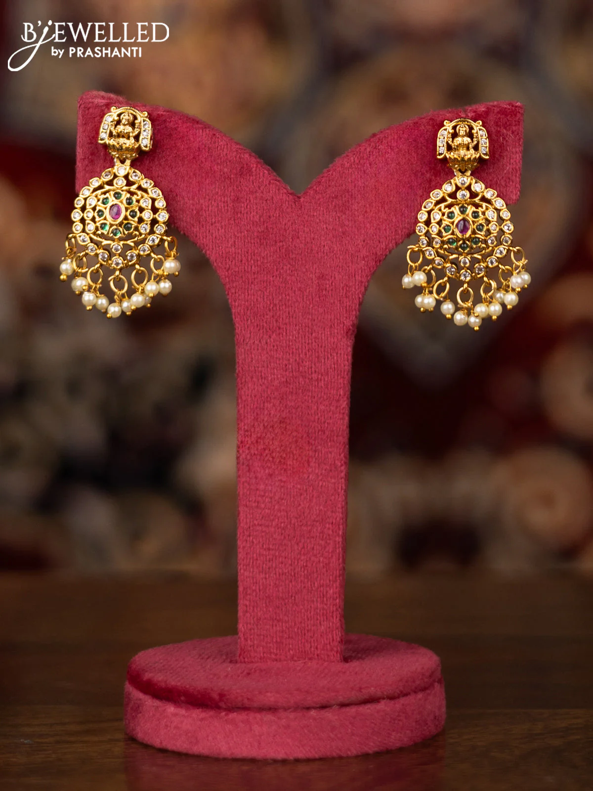 Pearl triple layer haram lakshmi design with kemp & cz stones and pearl hanging - Image 2