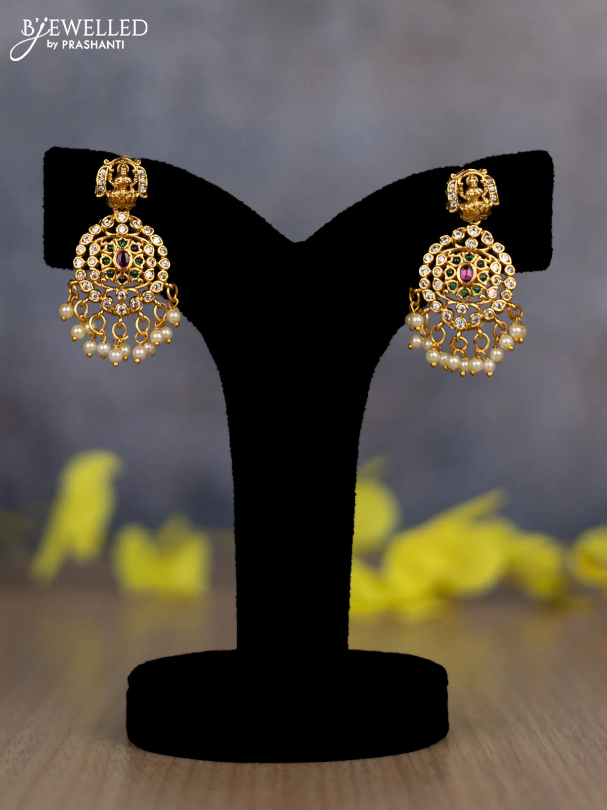Pearl triple layer haram lakshmi design with kemp & cz stones and pearl hanging - Image 2