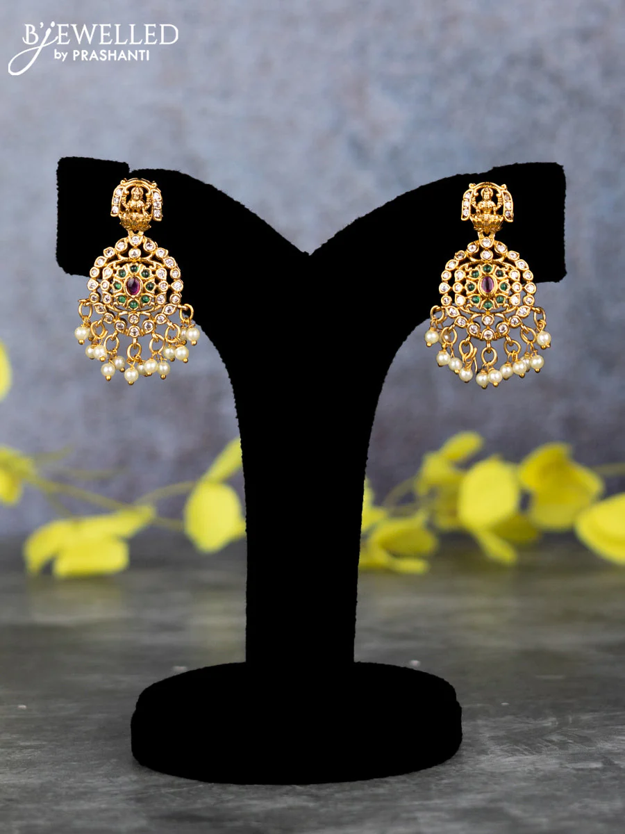 Pearl triple layer haram lakshmi design with kemp & cz stones and pearl hangings - Image 2