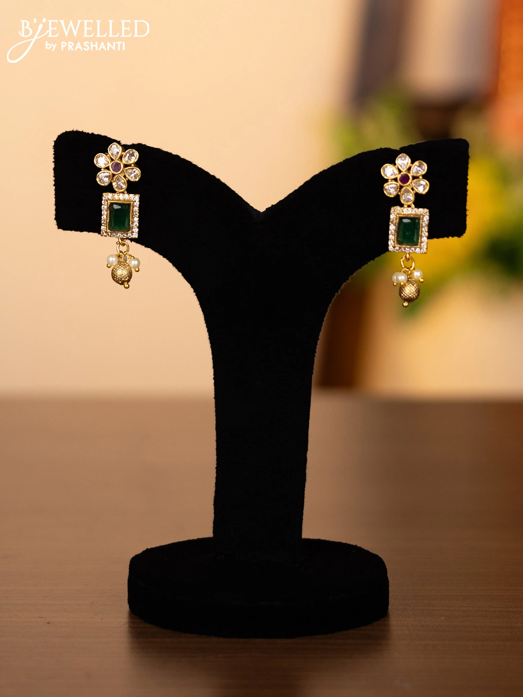 Pearl triple layer necklace floral design with kemp & cz stones and pearl & golden beads hangings - Image 2