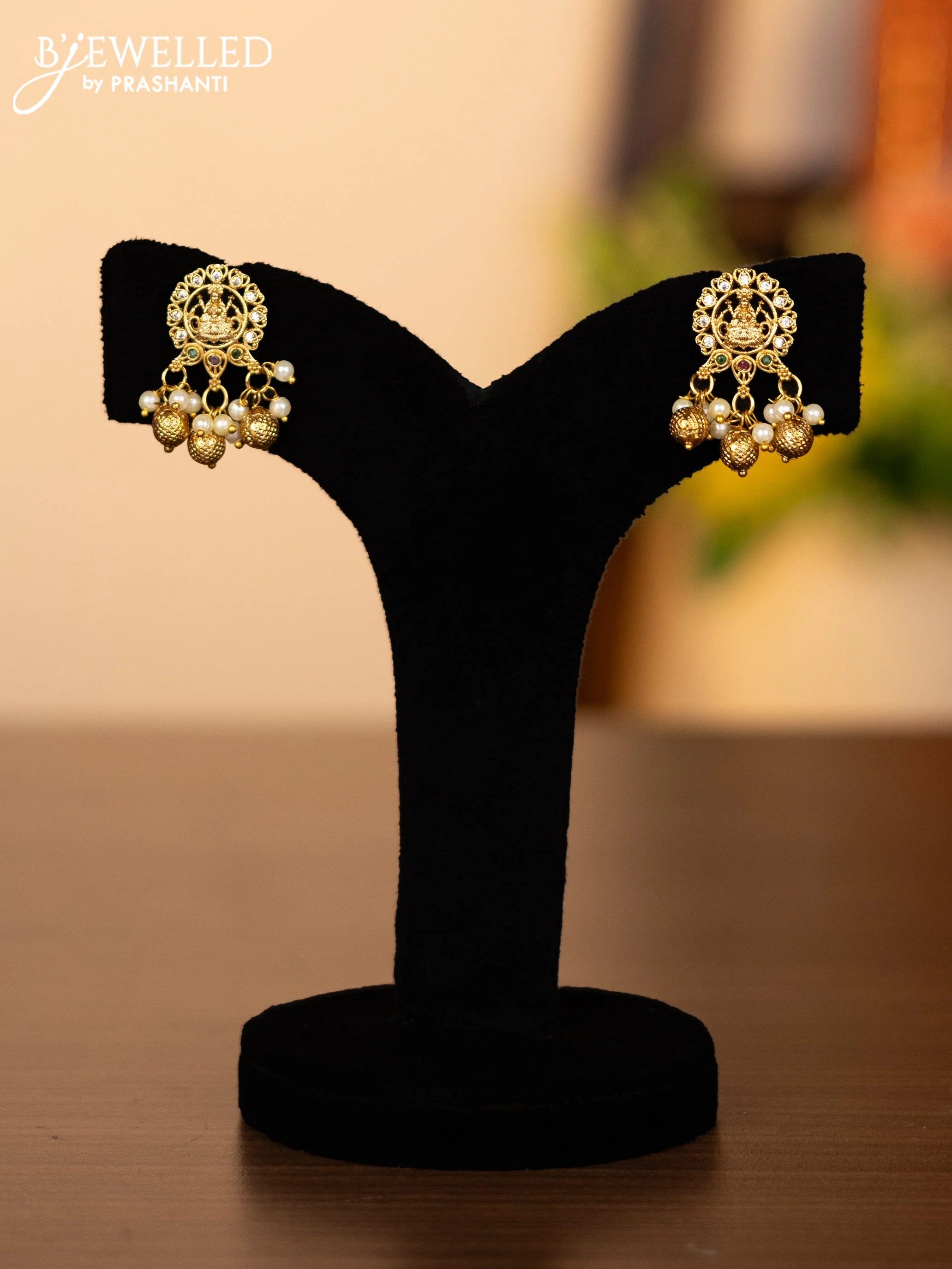 Pearl triple layer necklace lakshmi pendant with kemp & cz stones and pearl & golden beads hangings - Image 2