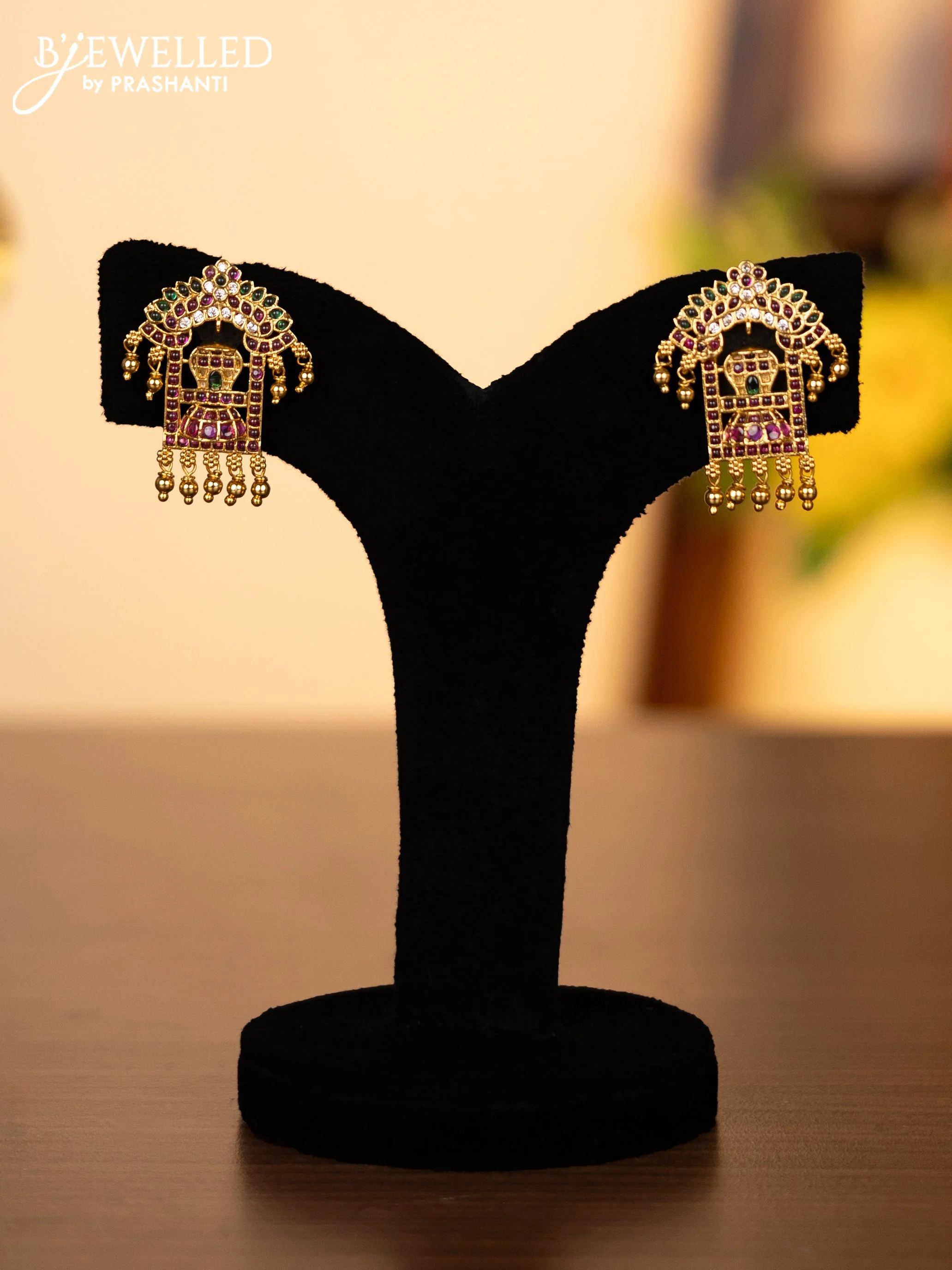 Pearl triple layer necklace shivlingam pendant with kemp & cz stones and golden beads hangings - Image 2