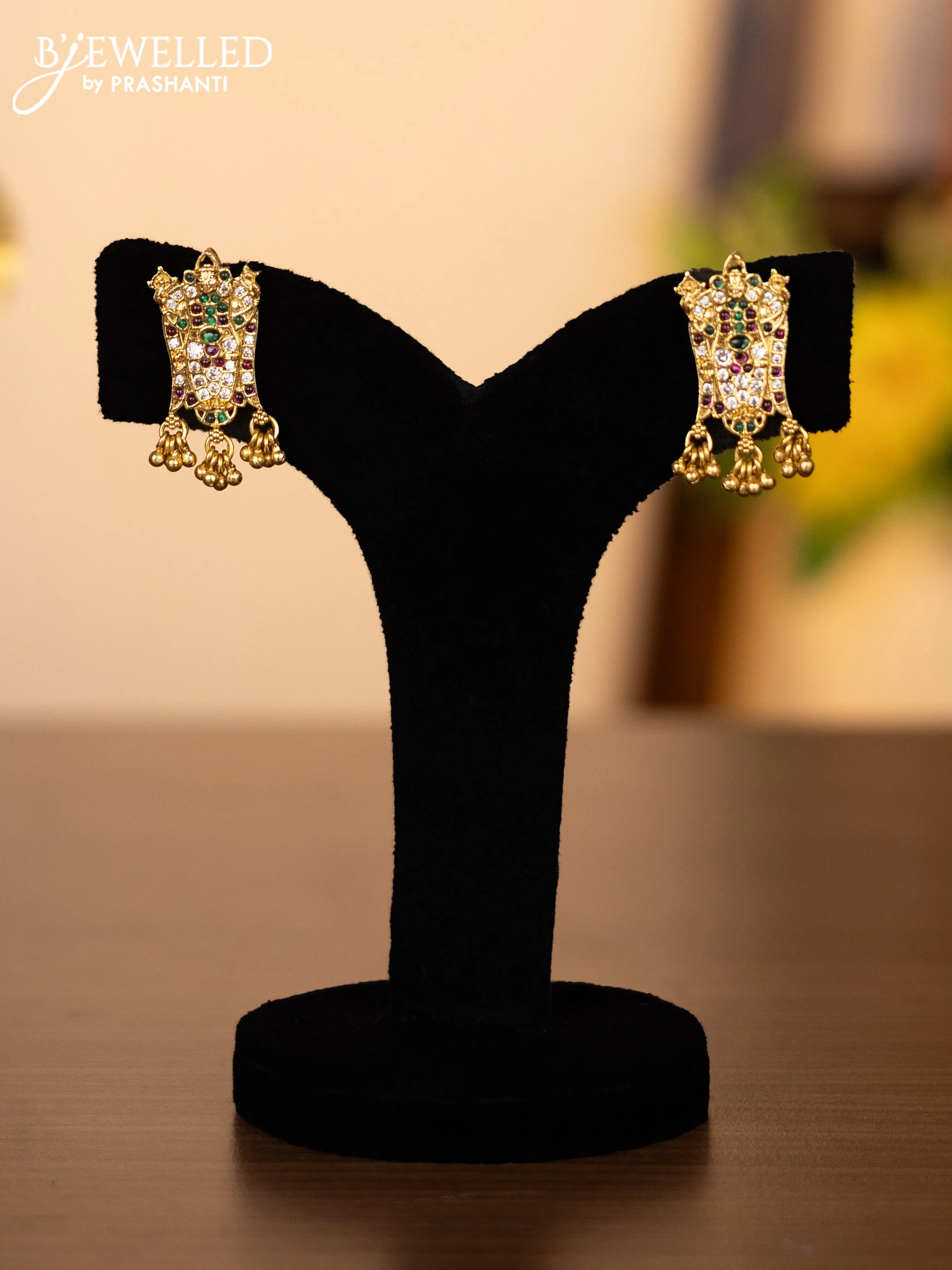 Pearl triple layer necklace tirupati balaji pendant with kemp & cz stones and golden beads hangings - Image 2