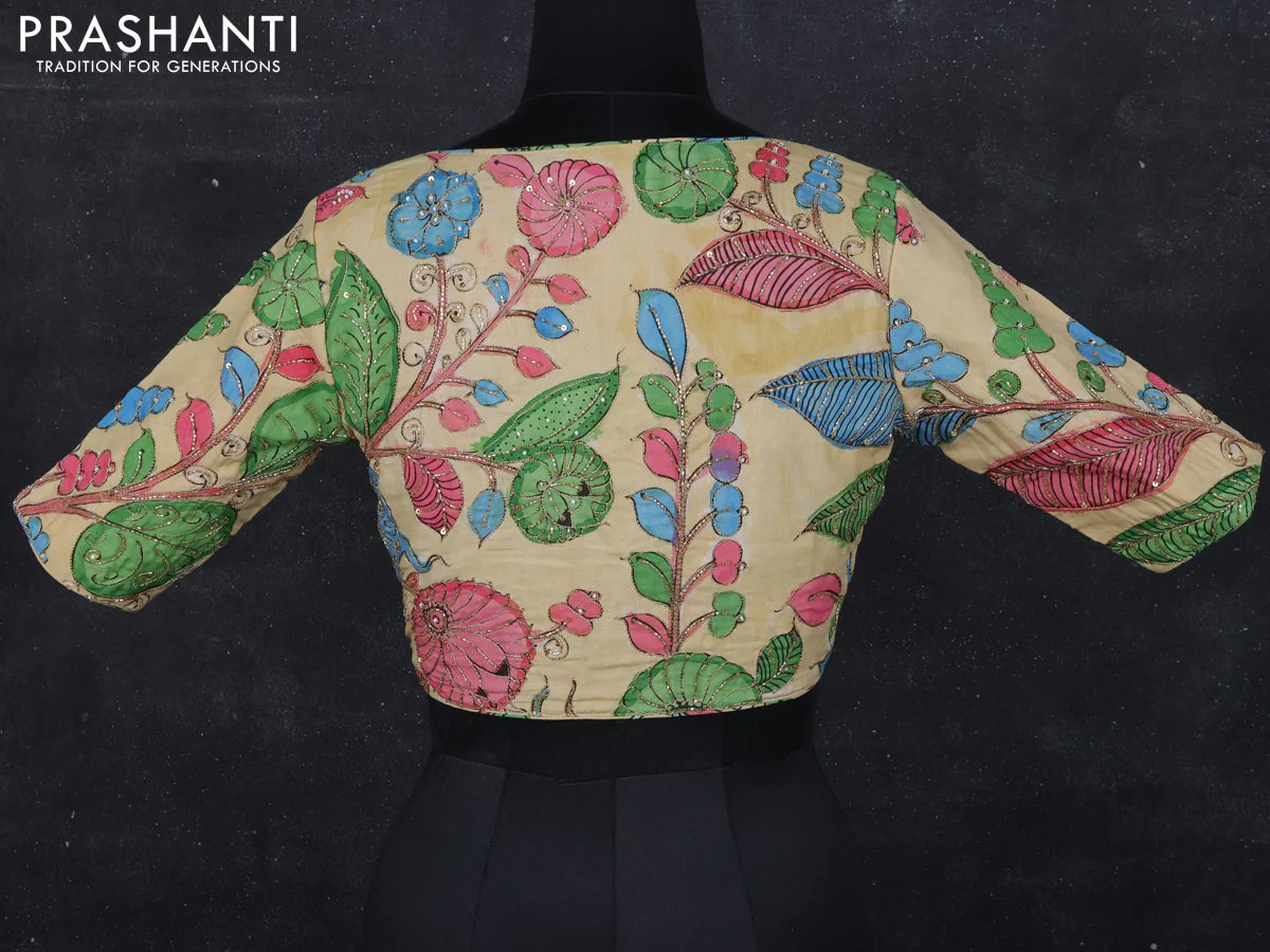 Pen kalamkari readymade blouse beige with allover kalamkari prints & embroidery work - Image 2